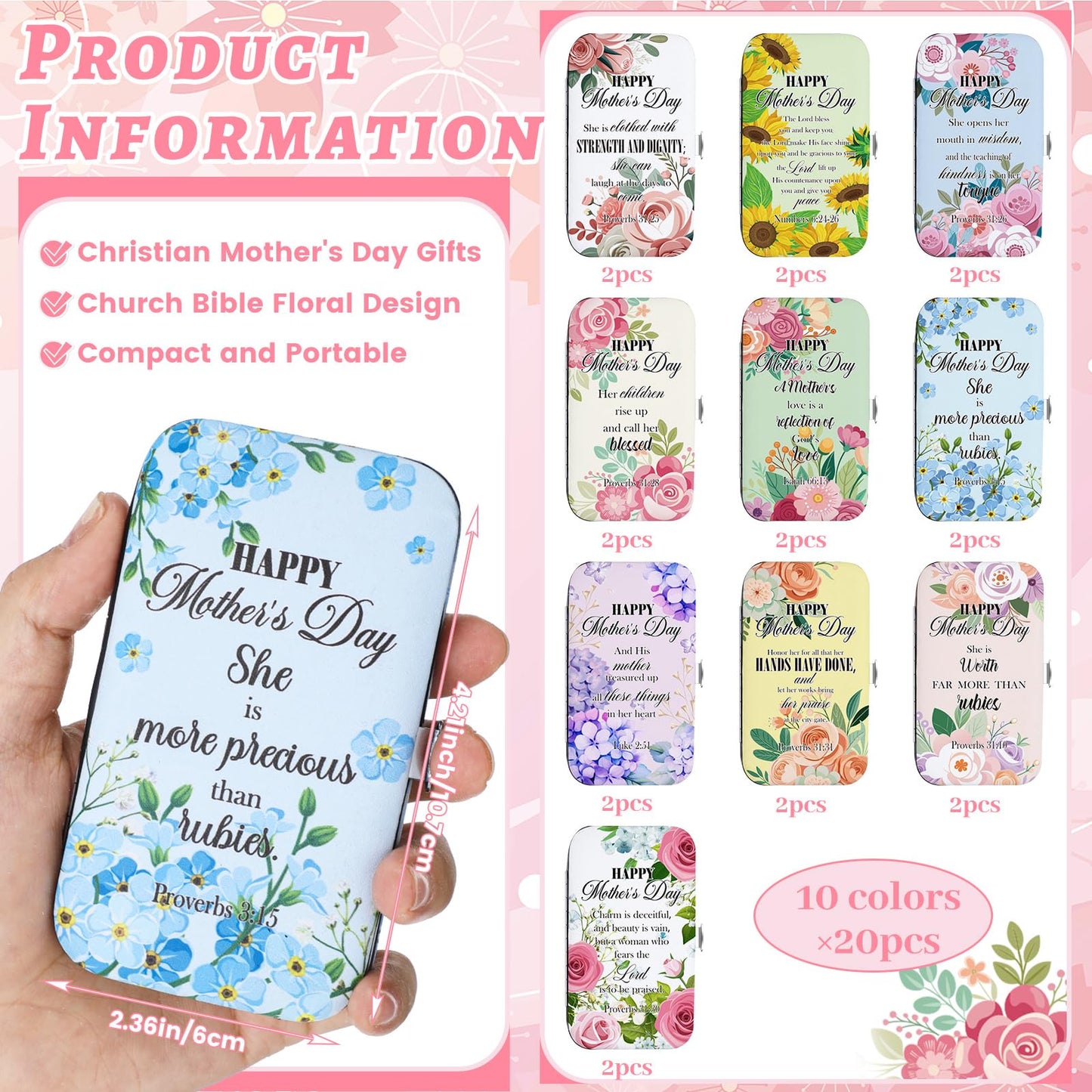 Chumia 20 Sets Mother's Day Christian Nail Set Bulk Bible Scripture Manicure Kit Stainless Steel Nail Clipper Set Happy Mother's Day Floral Religious Christian Gift for Mom Women Church Supplies