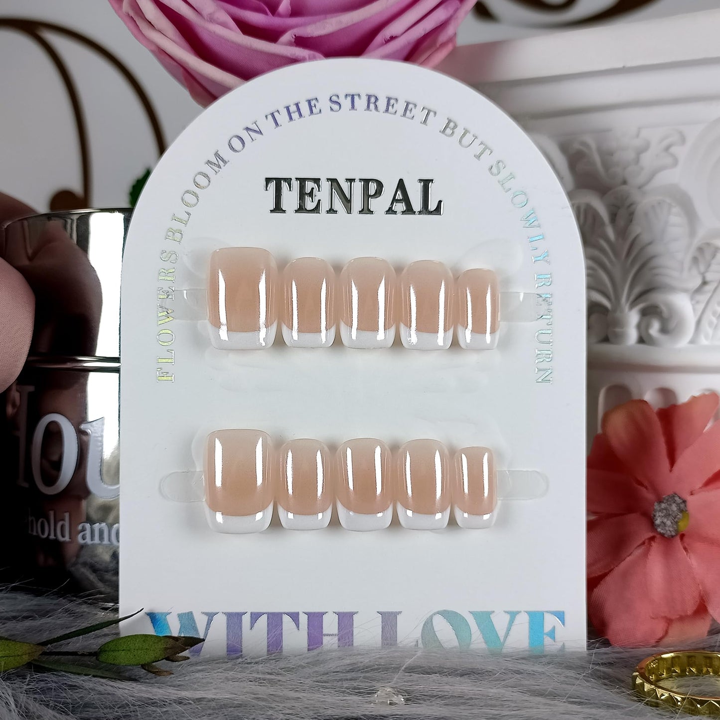TENPAL Aurora White French Tips Press on Nails Short Square Minimalist & Reusable False Nails for Everyday Luxury | Clean Chic Style(M)