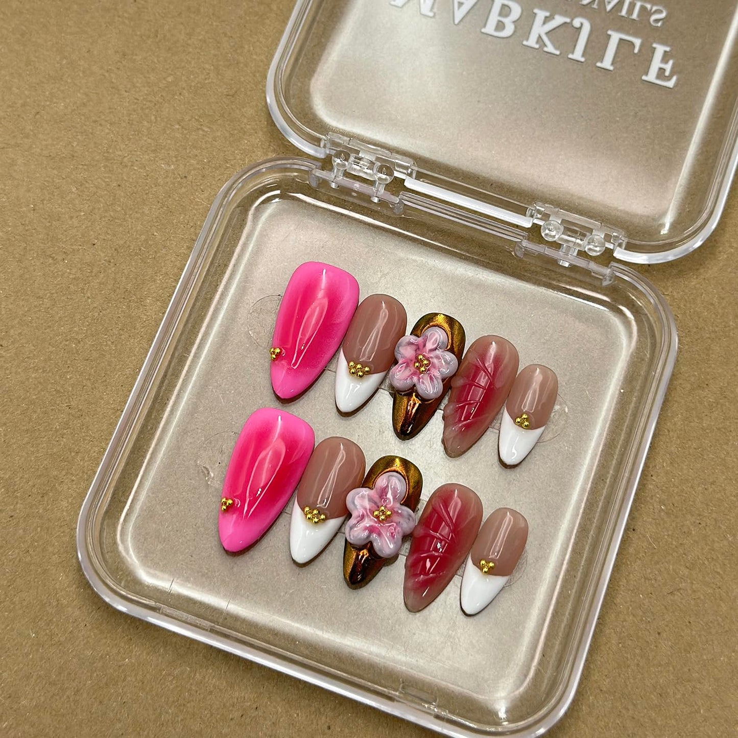 Luxury Press on Nails Medium Almond Handmade 3D Unique Reusable ABS Material Fake Nails White French Tip False Nails with Designs Pink Flower Art Petal Glossy Glue on Nails Thick Acrylic Nails(S)