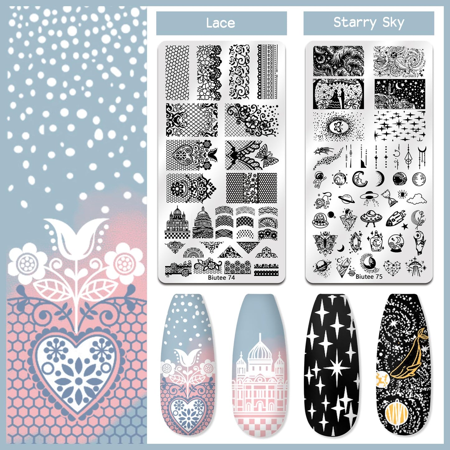 Biutee Nail Stamper Kit 22Pcs Gel Nail Stamping Kit 12Pcs Nail Stamping Plates 8Pcs Stamping Polish Gel, Silicone Stamper Scraper Flower Lace Star Stripe Holiday Stamp Template Gift for Women