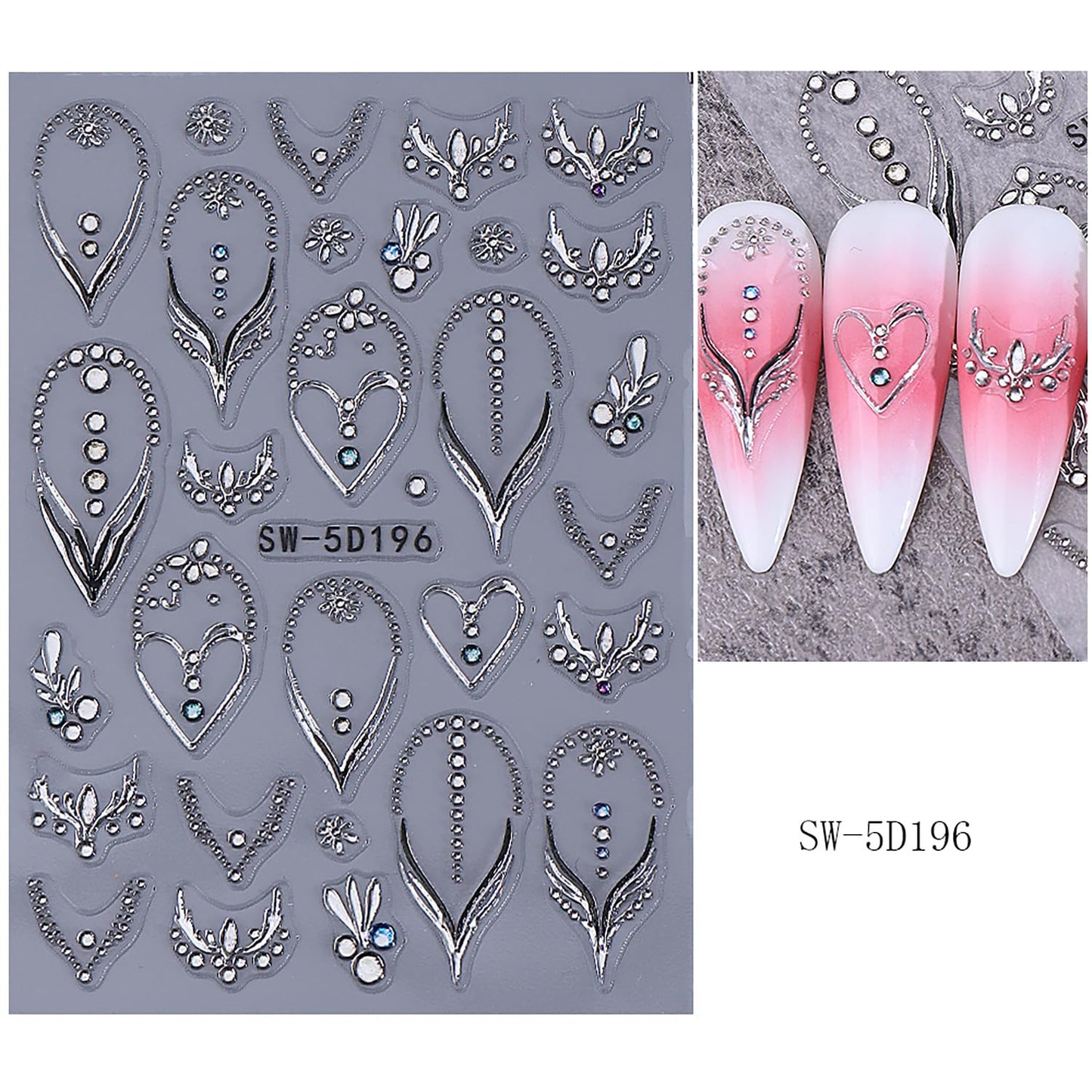 2 Sheets Bohemia Nail Stickers 5D Embosses Self-Adhesive Shine Rhinestones Nail Decals Gold Silver Heart Nail Stickers for Women DIY Manicure Decorations
