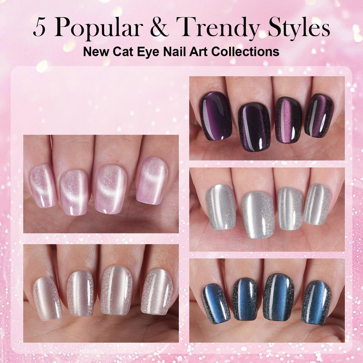 Vansiho 300Pcs Cat Eye Press on Nails, Glossy Glitter Cat Eye Designs Nail Tips for Women, Short Square Soft Gel Fake Nails, for Women and Girls Glossy Reusable Nail Tips in 15 Sizes