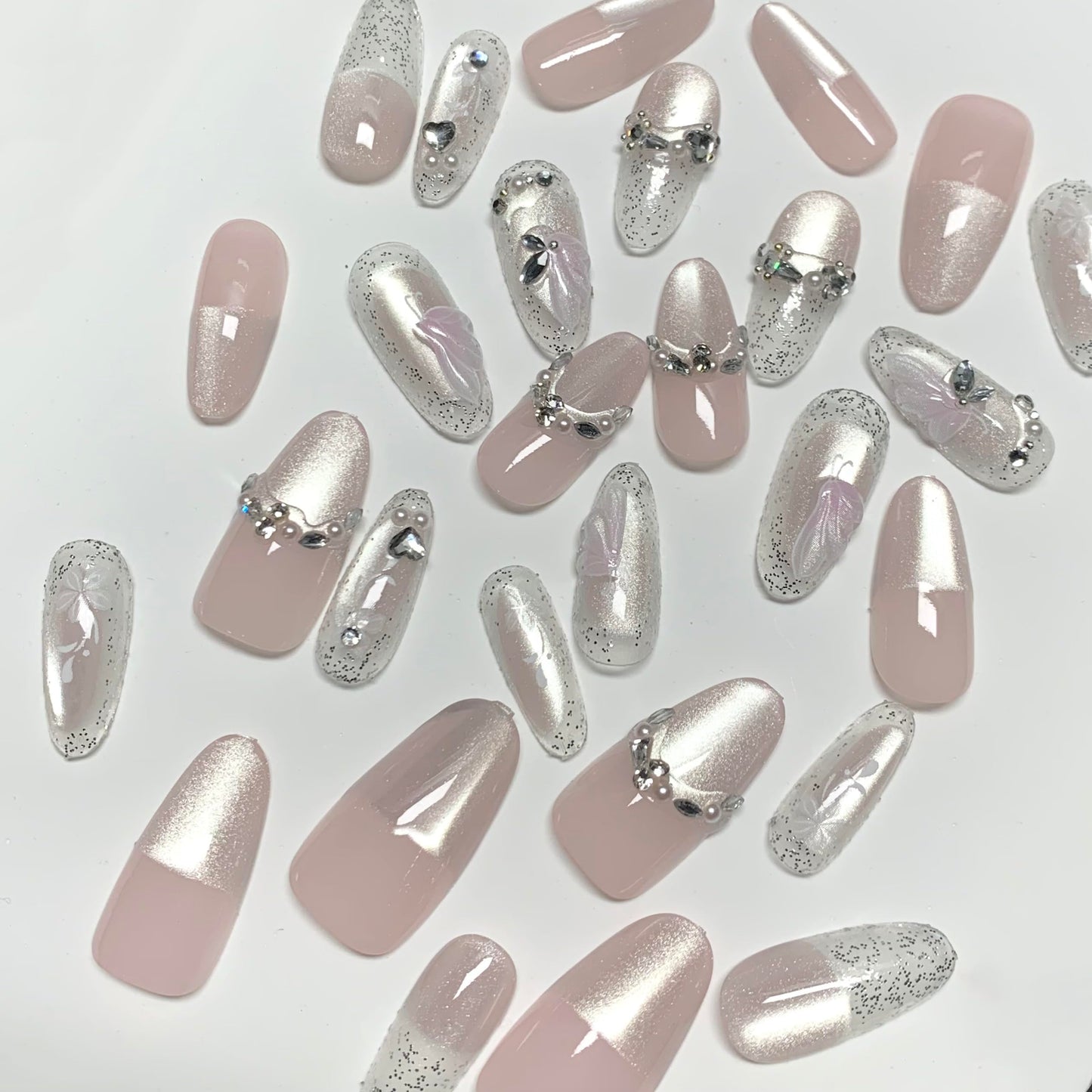 BABALAL Press on Nails, Medium Almond Fake Nails, Sliver Cat Eye Design, Pearl Rhinestone Charm Luxury Bling sparkly Acrylic, 24Pcs False Nails for Women Girls
