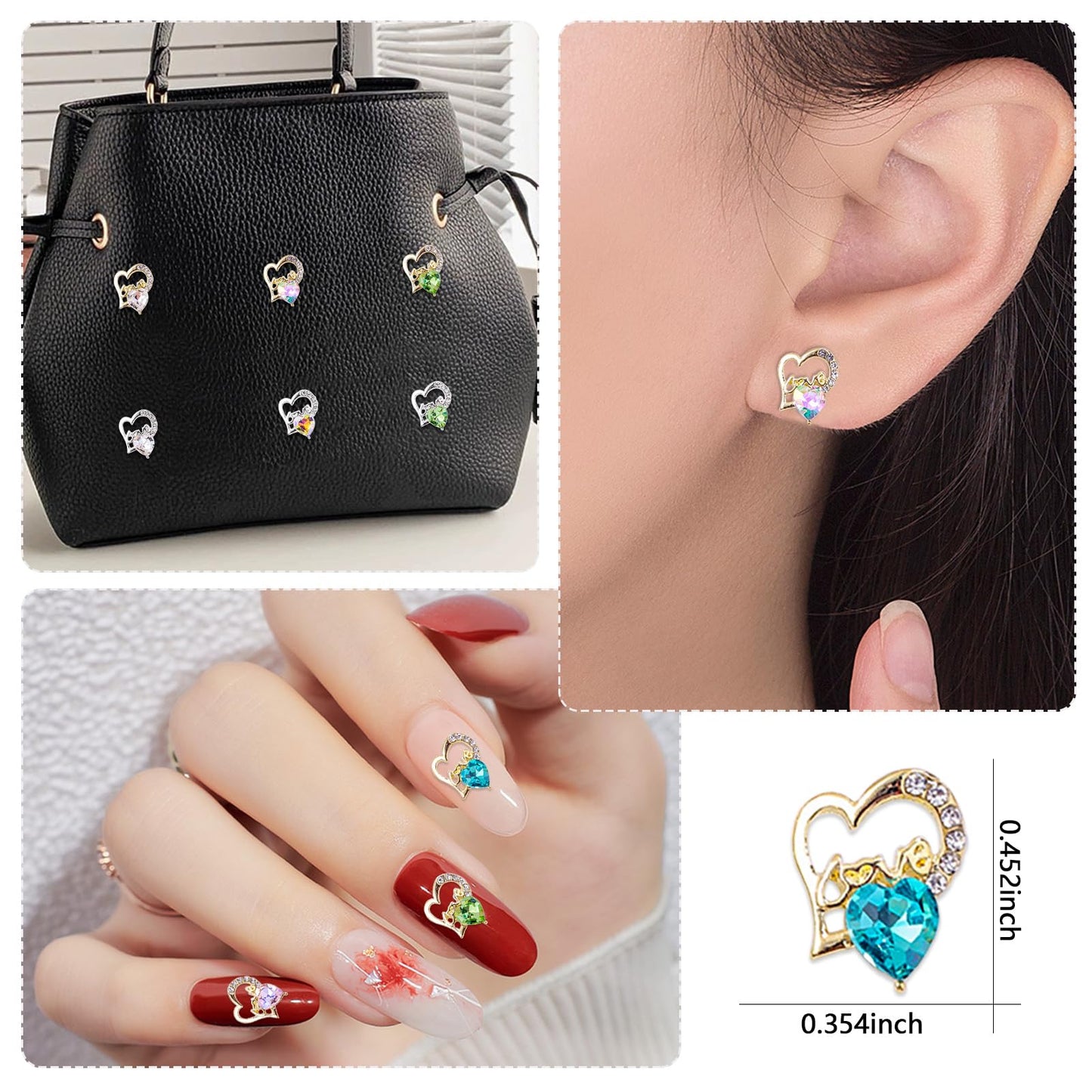 SILPECWEE 30pcs Heart Nail Gems Charms Gold Silver Nail Rhinestone Jewels Studs 3D Nail Crystals Charms Diamond Flat-Back Nail Art Decoration for Valentine's Day DIY Craft Making Jewelry