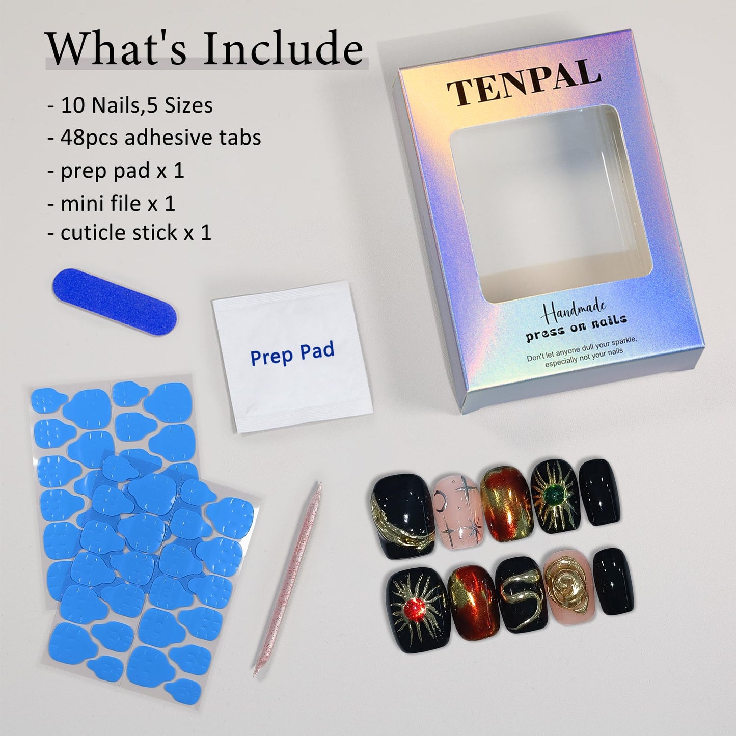 TENPAL Handmade Press on Nails Short Square,Glossy Black Nails with Hand-Painted Space Art (Sun/Moon/Crater) & 3D Serpent, Acrylic Soft Gel Winter Gothic Fake Nails For Women Girls,10pcs(XS)
