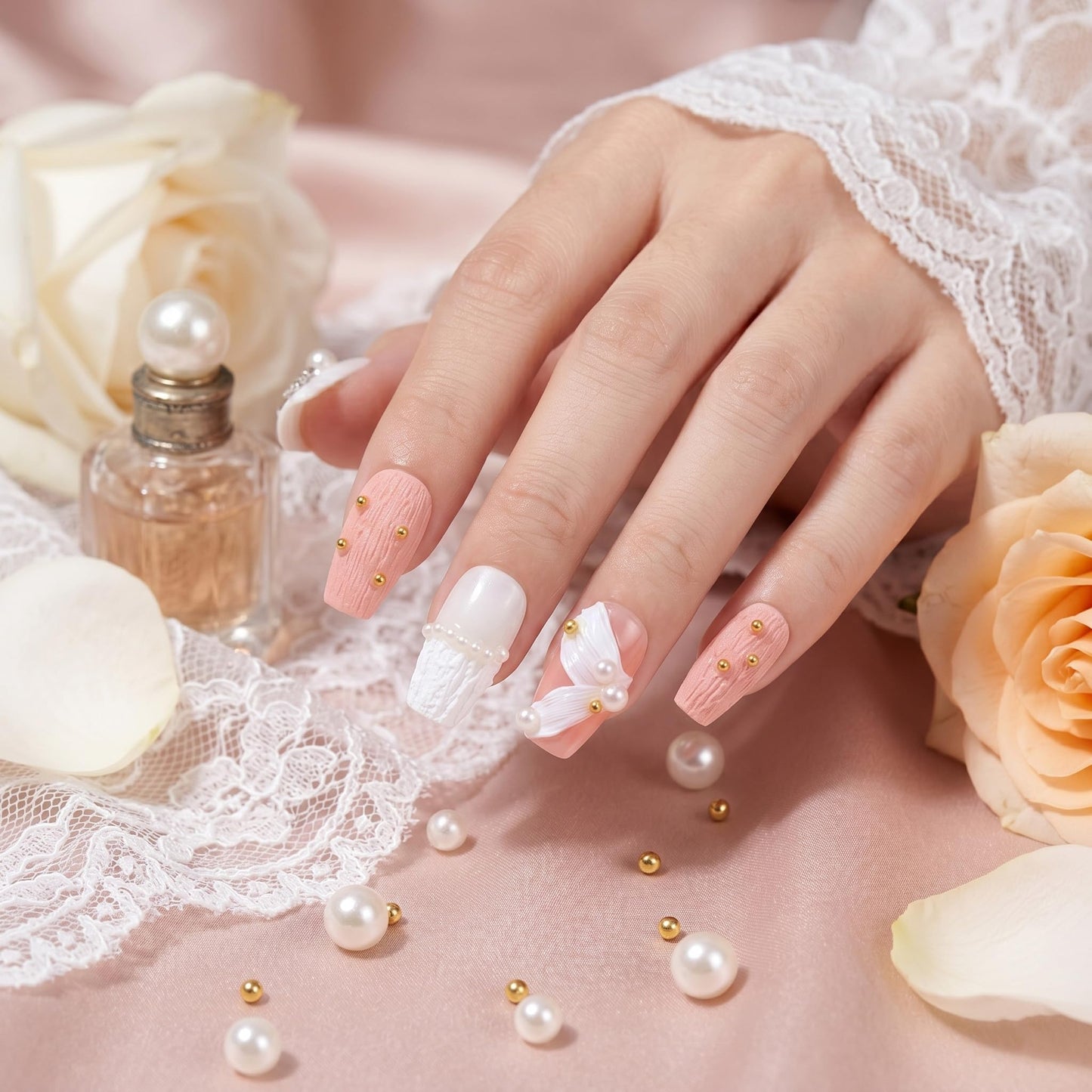 Sun&Beam Nails Handmade Short Medium Coffin Ballerina Pink False Nail Tips with Cute 3D Pearl Ribbon Popular Charm Design Press On Nails 10 Pcs (#50 M)