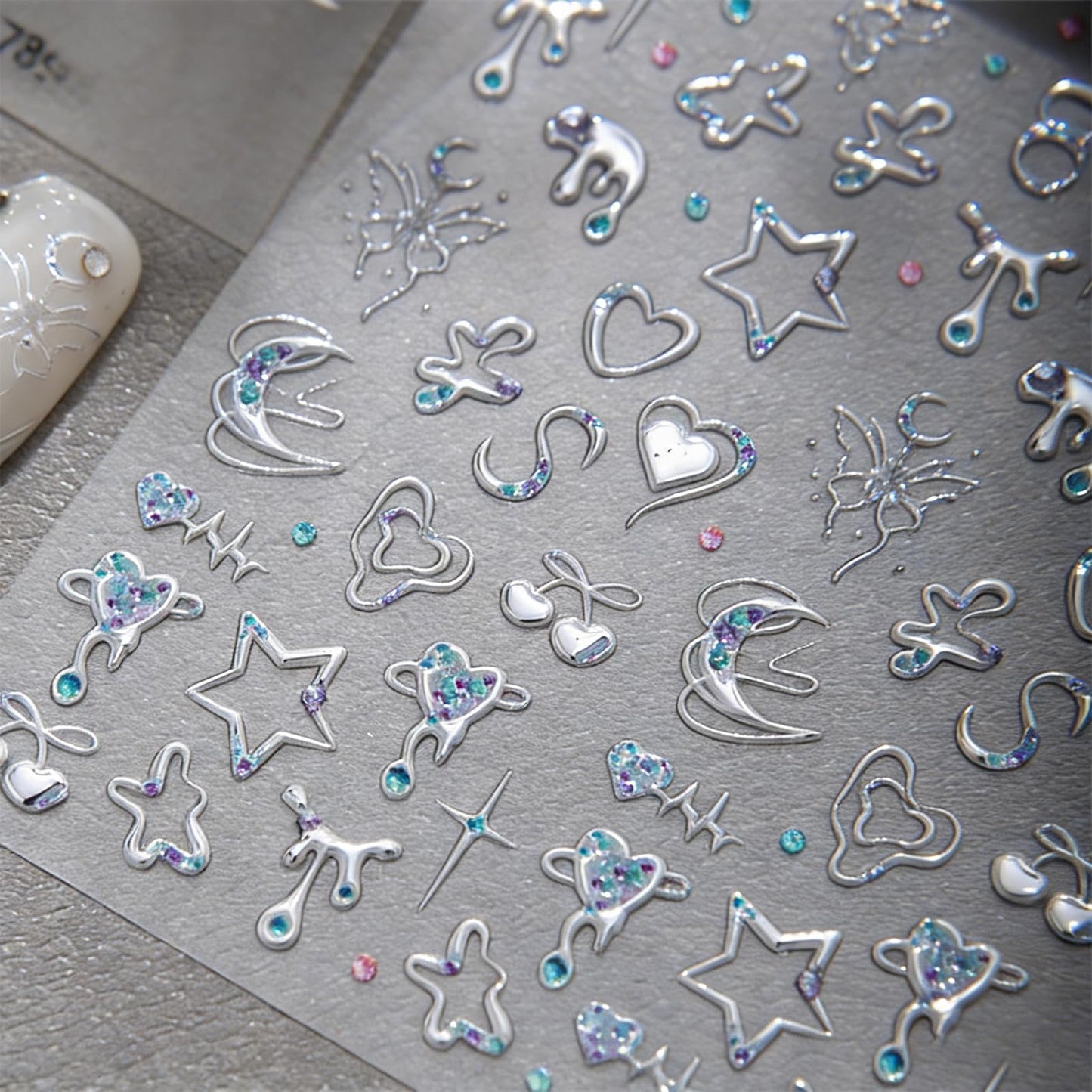 5D Embossed Silver Y2K Nail Art Stickers, Heart Star Moon Nail Decals with Rhinestone Accents, Self-Adhesive Celestial Nail Decorations for Acrylic Gel Nails, DIY Manicure Supplies for Women (1 Sheet)