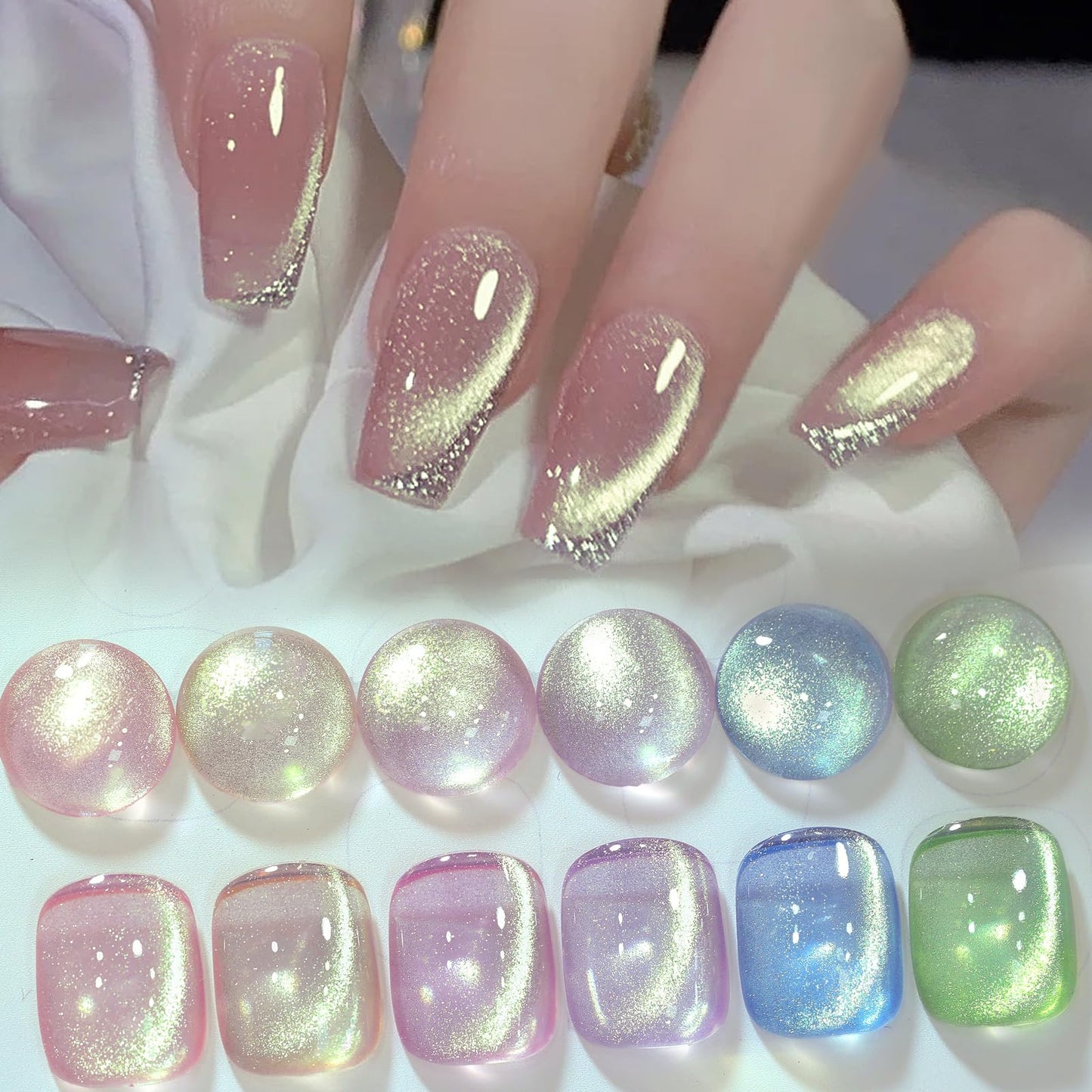 Born Pretty Cat Magnetic Eye Gel Nail Polish, Shimmer Glitter Holographic Auroas Gels Spring Summer Pink Green Blue Translucent, Gel Polish Set Manicure Salon Nails Art DIY at Home