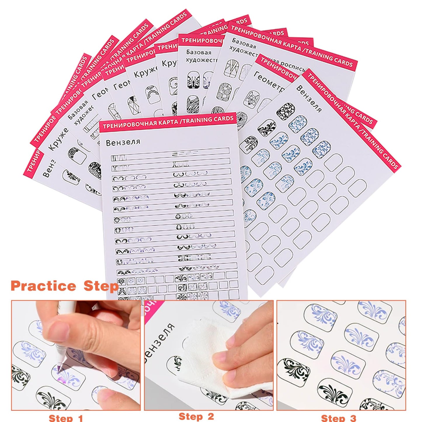 Practice Nails For Nail Art Book 12PCS Nail Books Training Template Drawing Painting Stencils Waterproof Reusable Learning Paper Card Manicure Tool For Beginner with Remover Wipes Acrylic Liner Brush