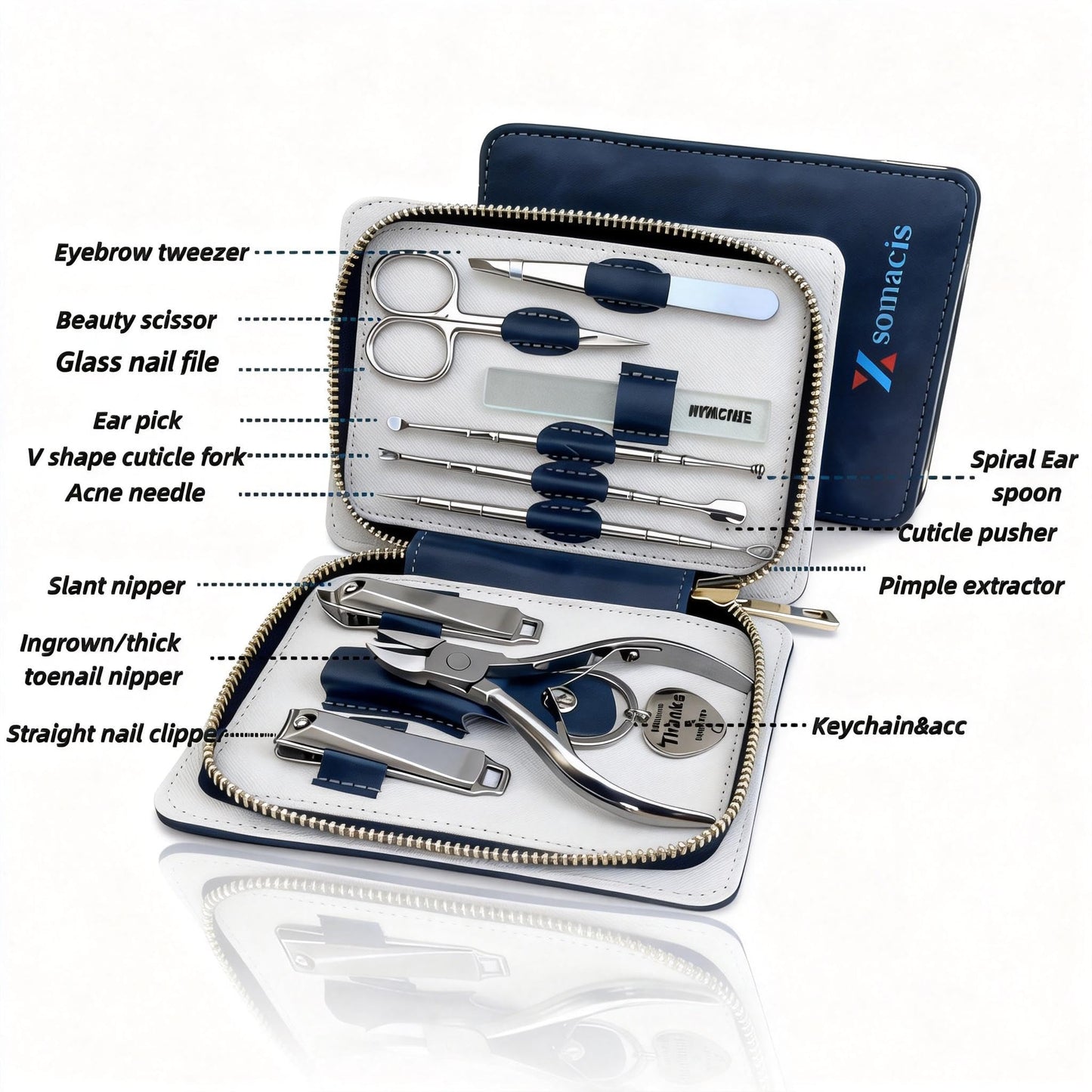 Xsomacis Nail Clippers Set Fingernail and Toenail Clipper Cutters, Manicure Pedicure Kit Stainless Steel 10pcs Professional Grooming Kits, Nail Care Tools with Portable Leather Case for Men or Women