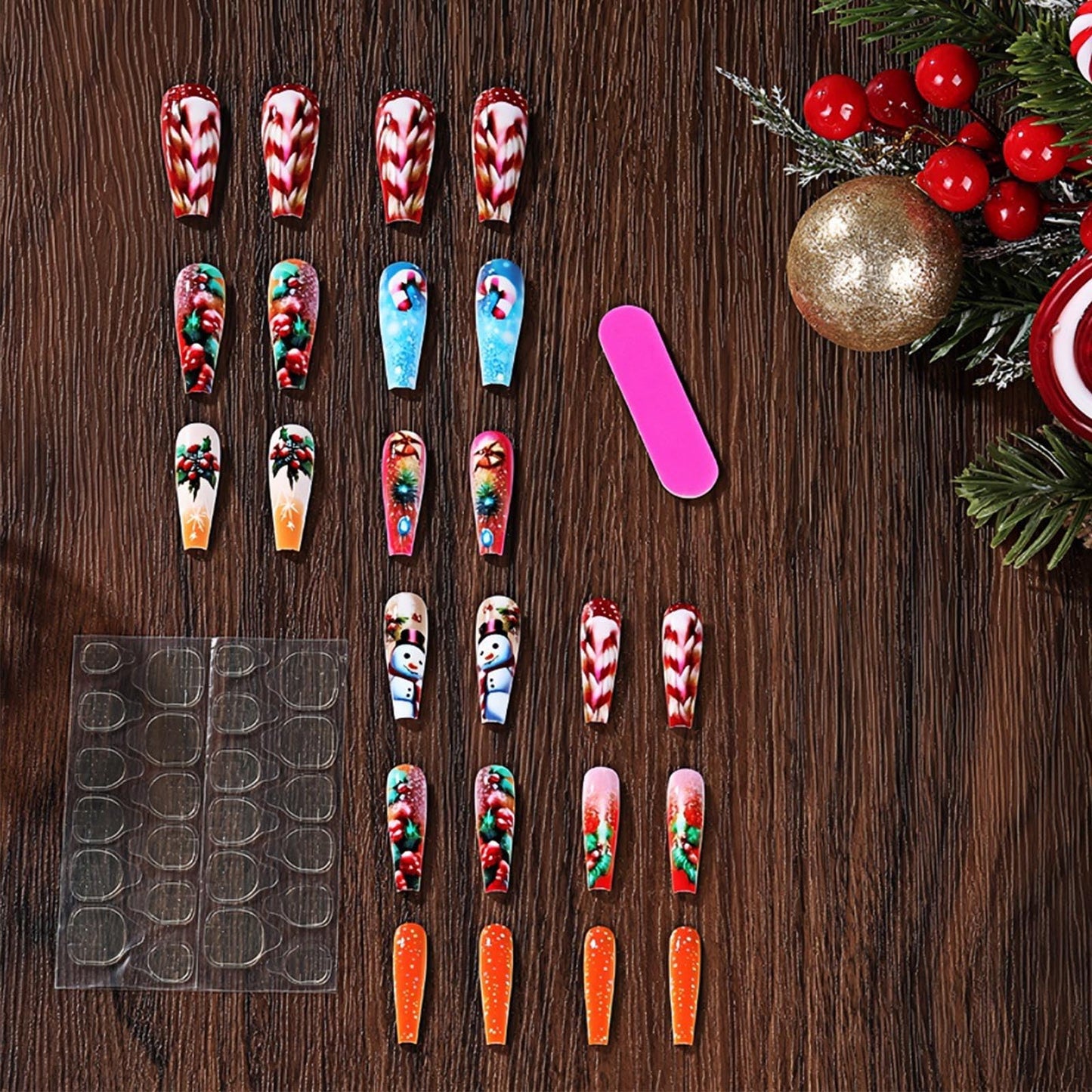 Holly Medium Coffin False Nails Snowman Stick on Fingernails Firework Gel Glue on Nail Christmas Press on Nails 24Pcs Glossy Red Candy Cane Acrylic Fake Nail for Women Xmas Gift