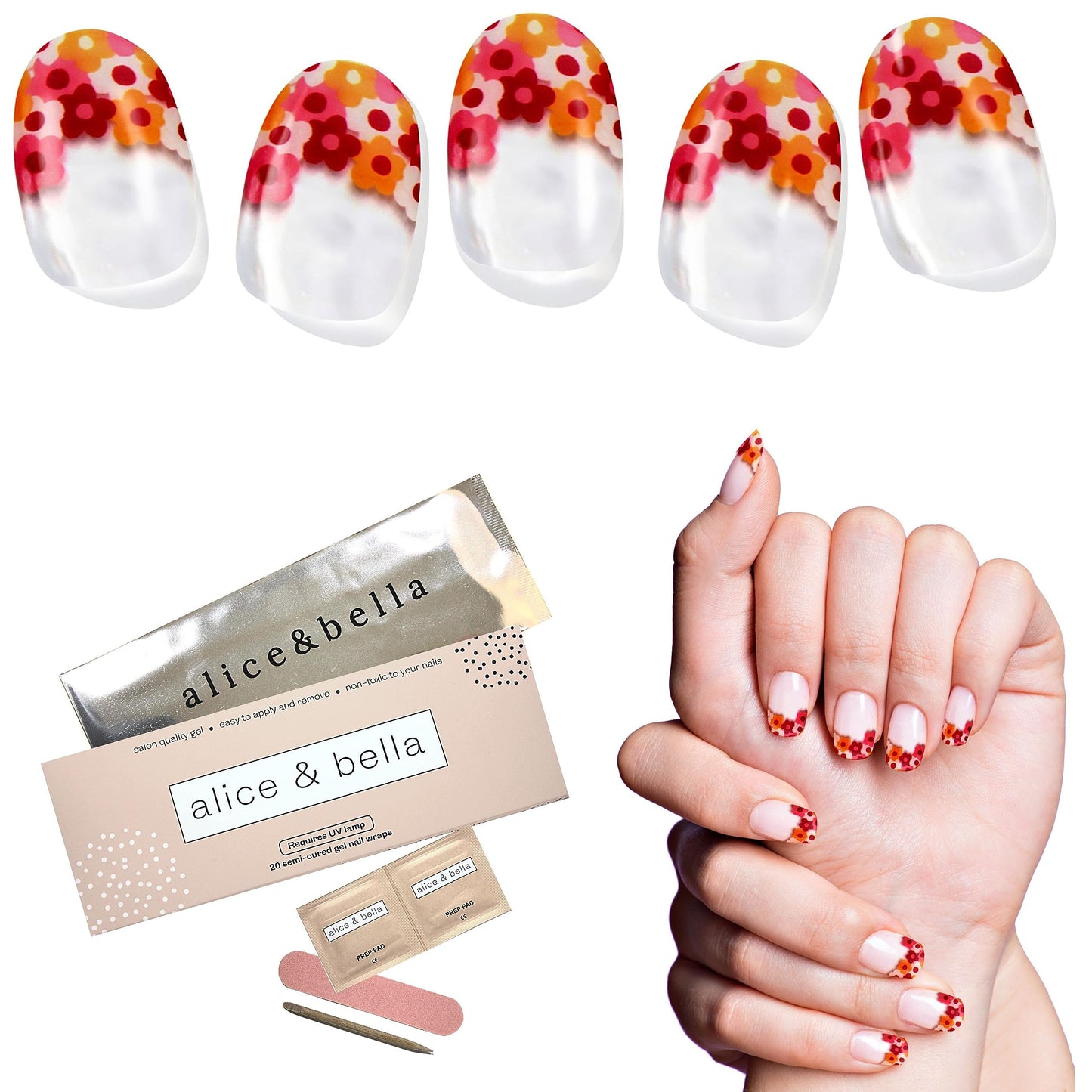 ALICE & BELLA Semi Cured Gel Nail Strips-20 PCS Multi-Color Floral Pattern Nail Strengthening Gel Stickers, Use with UV Light Lamp, Salon Quality Manicure Wraps (French Floral Bouquet)