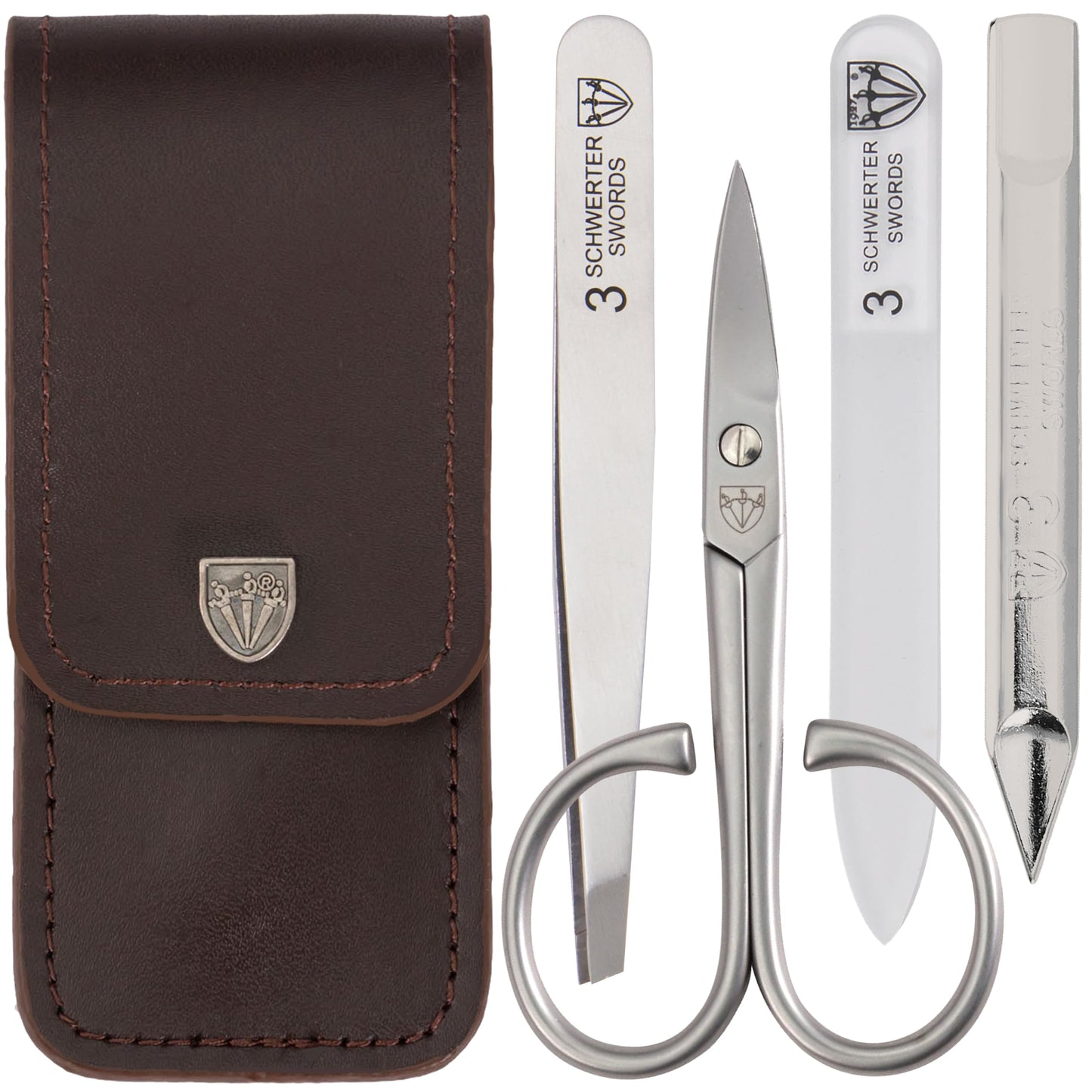 3 Swords Germany - brand quality 3 piece stainless steel INOX manicure pedicure grooming kit set for professional finger & toe nail care scissors file tweezers genuine leather case in gift box (03874)