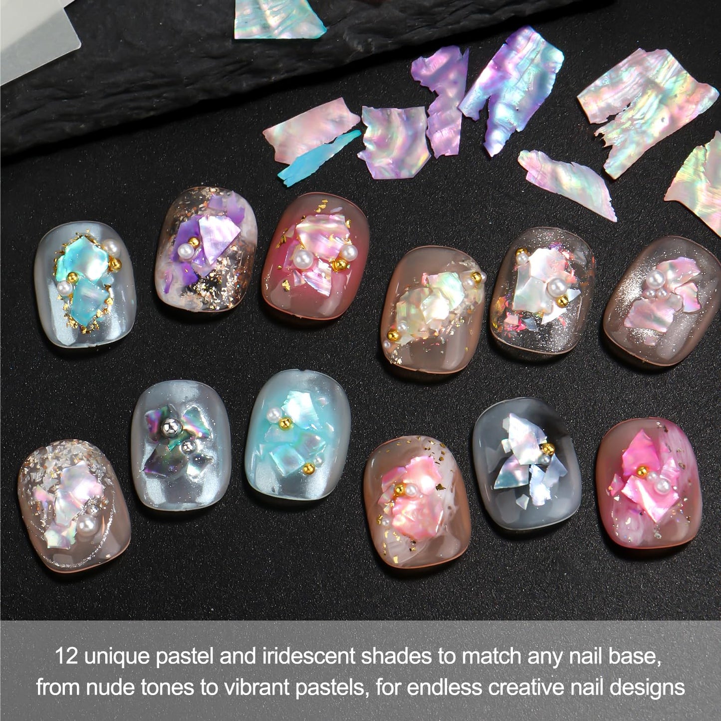 12 Jars Holographic Abalone Seashell Nail Glitter Flakes, 3D Irregular Thin Nail Art Sequins, Summer Nail Charms Mermaid Shell Slices Decorations, Manicure DIY Paillette Accessories for Women Girls