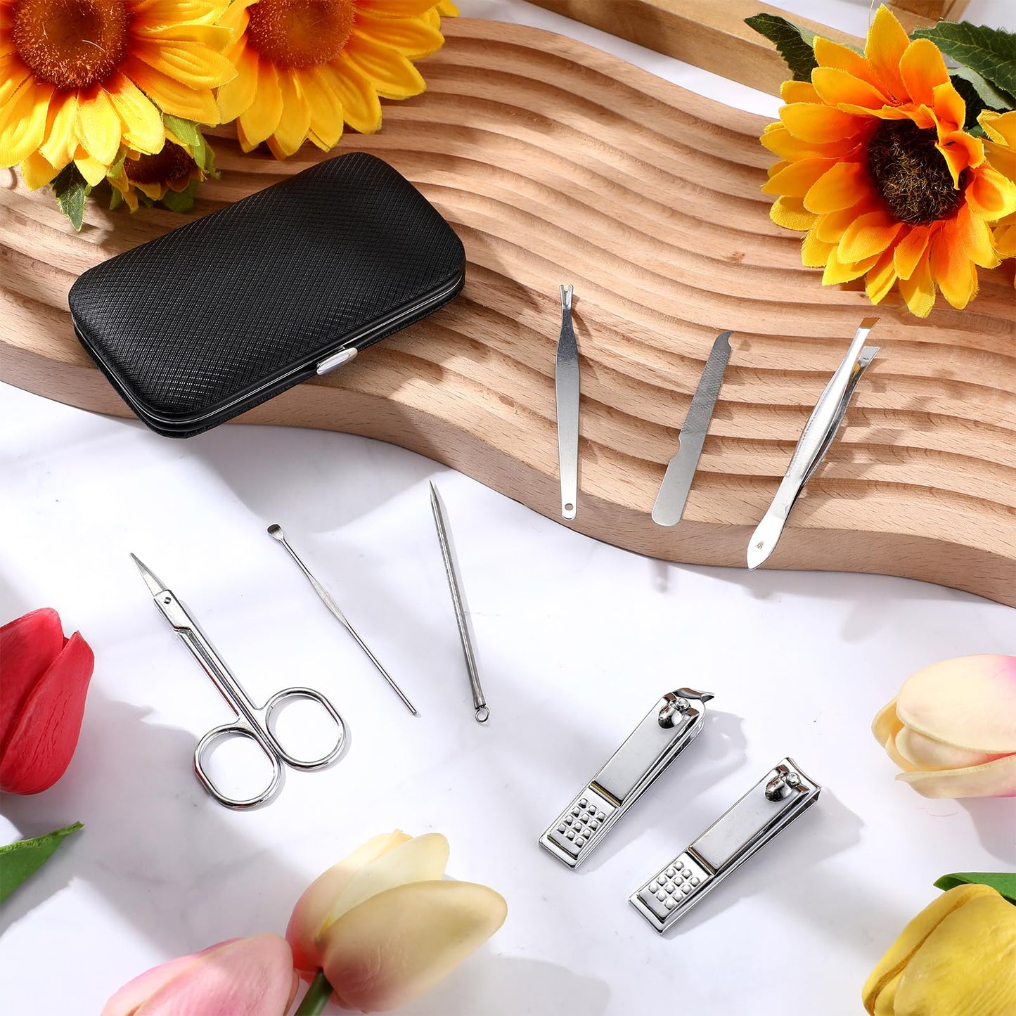 Lasnten 100 Bulk Nail Clipper Set Bulk Manicure Kit Stainless Steel Pedicure Professional Nail Care Kit with Travel Case Portable Grooming for Husband Men Women Family(Black,8 in 1)