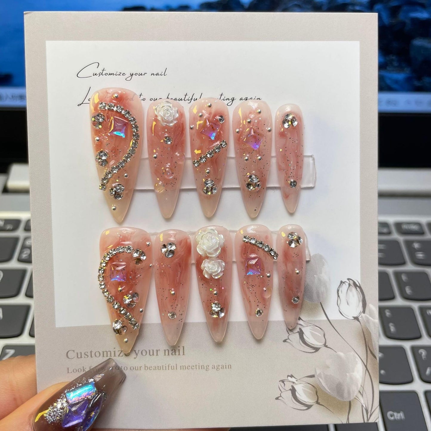 TENPAL Handmade Press on Nails Stiletto Rhinestones Pink Nails Press ons Ballet Acrylic Fake Nails With Diamond Camellia Designs 10pcs/Box Glue on Nails Long Y2k Sweet Cool Artificial Nails(S,Orange)