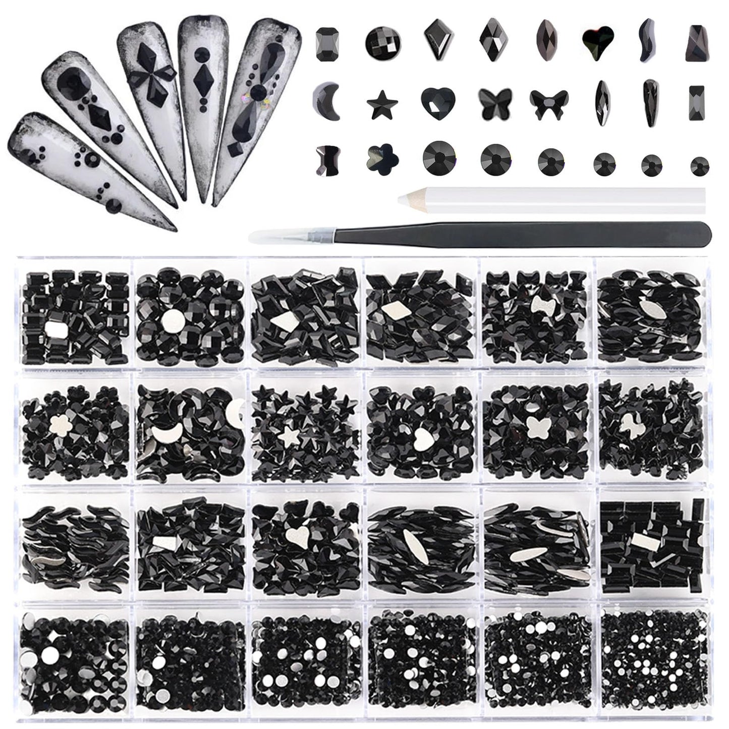 Kaipheiquan Nail Rhinestones Kit, 18 Types of 900 Special-Shaped Nail Crystal + 3200 Flat-Bottomed Nail Rhinestones, Black Nail Rhinestones for Nail Art DIY with Tweezer + Pickup Pen