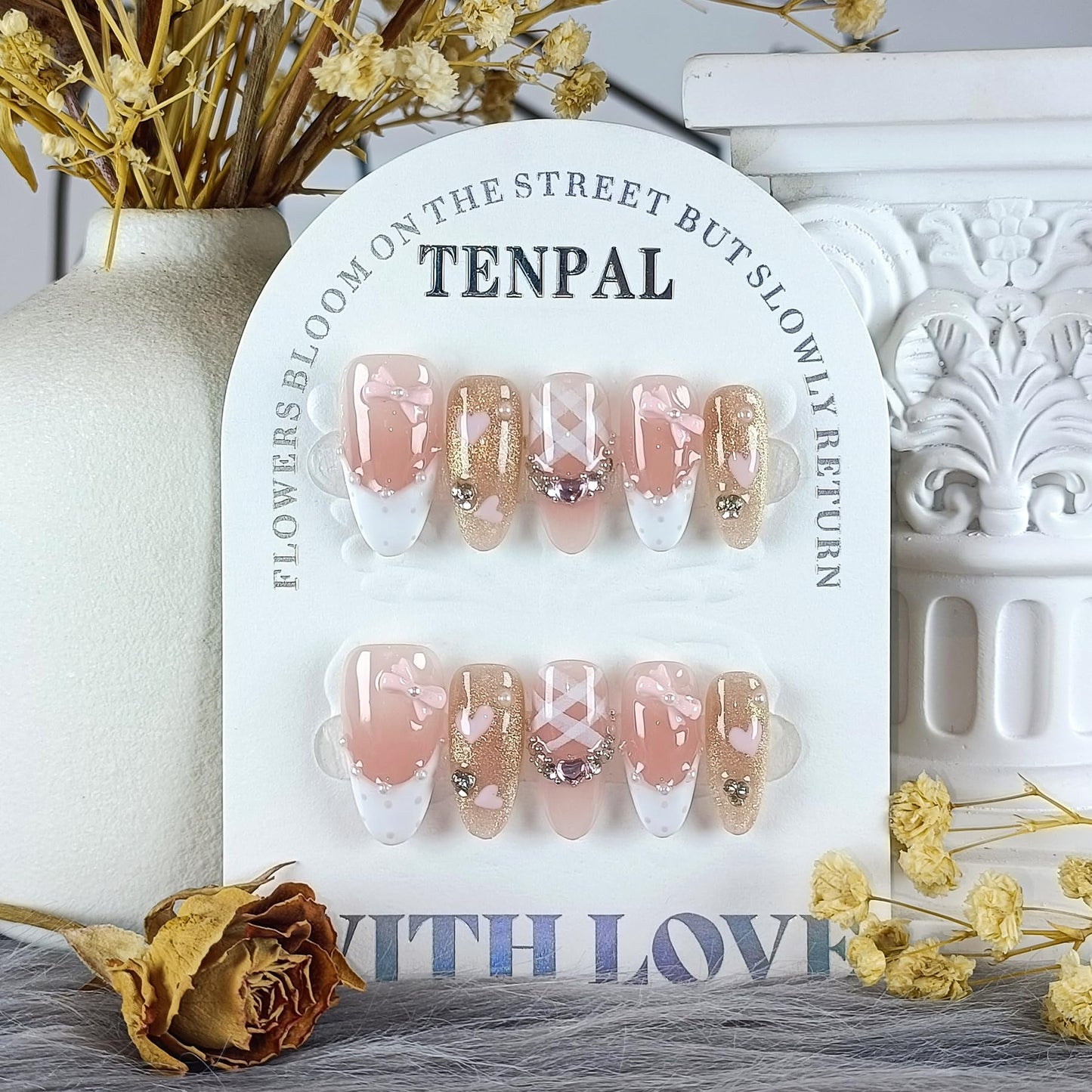 TENPAL Reusable Almond Press on Nails Medium,Pink Cat Eye Glitter Fake Nails with Polka French Tips,Hand-Painted Hearts & 3D Bow Rhinestones False Nails,Princess K-Beauty Nails Full Manicure Kit(XS)