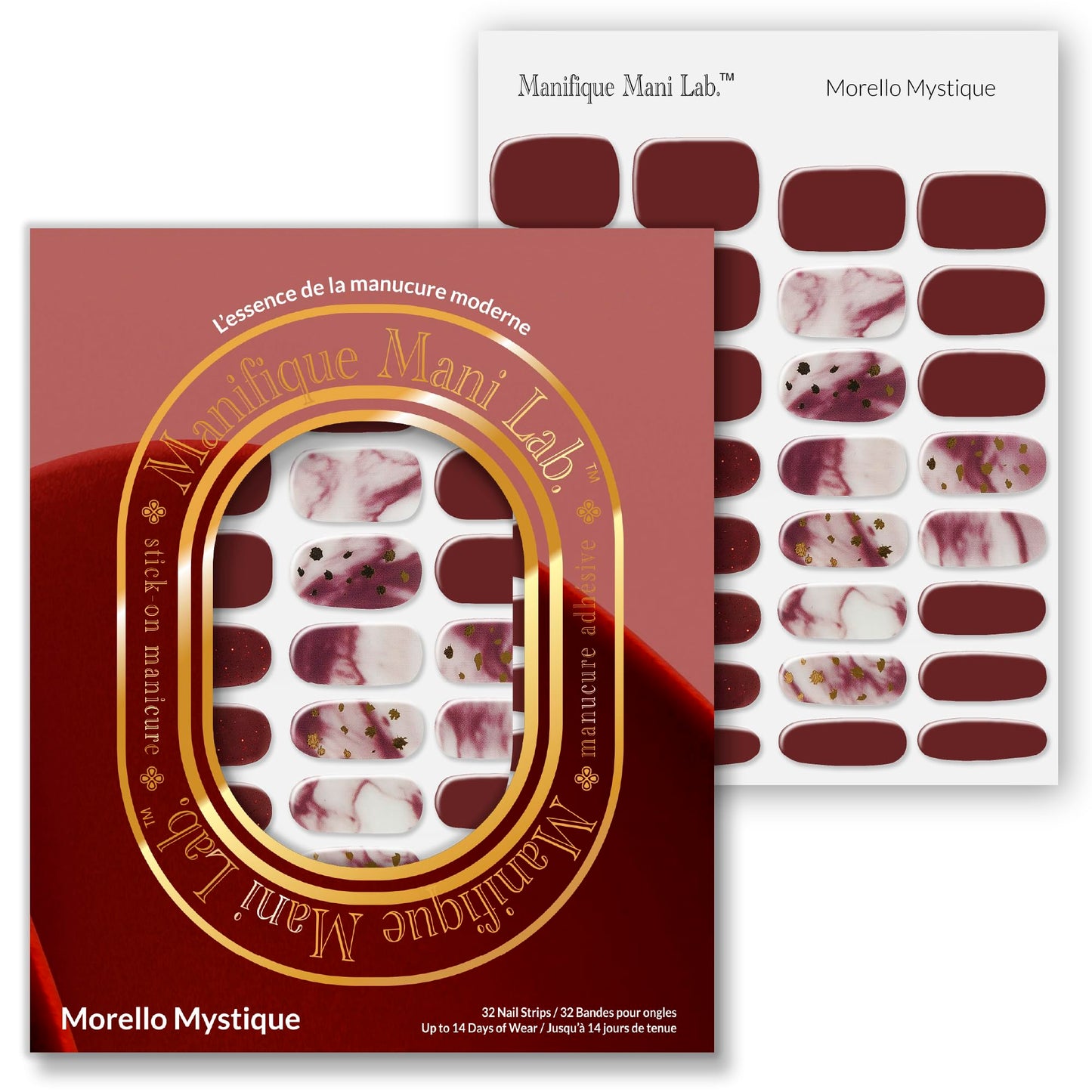 Manifique Mani Lab. Gel Nail Strips, UV Free Gel Stickers, Peel and Stick Nail Wraps, Salon Quality Nails, Long Lasting Manicure Kit, 32 Strips – Deep Red Burgundy Glitter Marble Gold Leaf