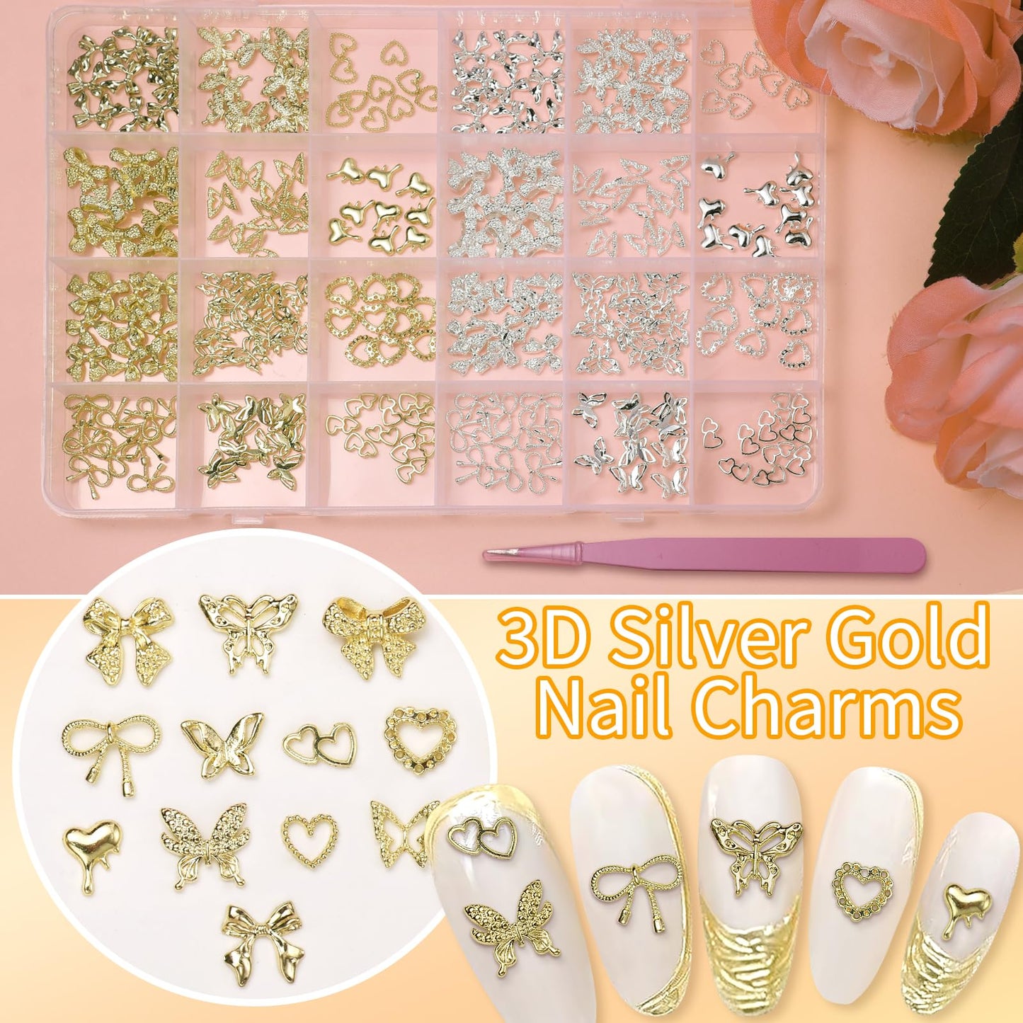 240 Pcs Alloy Gold Silver Nail Charms, Butterfly Heart Bow Gold Silver Nail Charms and Gems, 3D Y2K Metal Nails Jewels for DIY Nails Design Craft