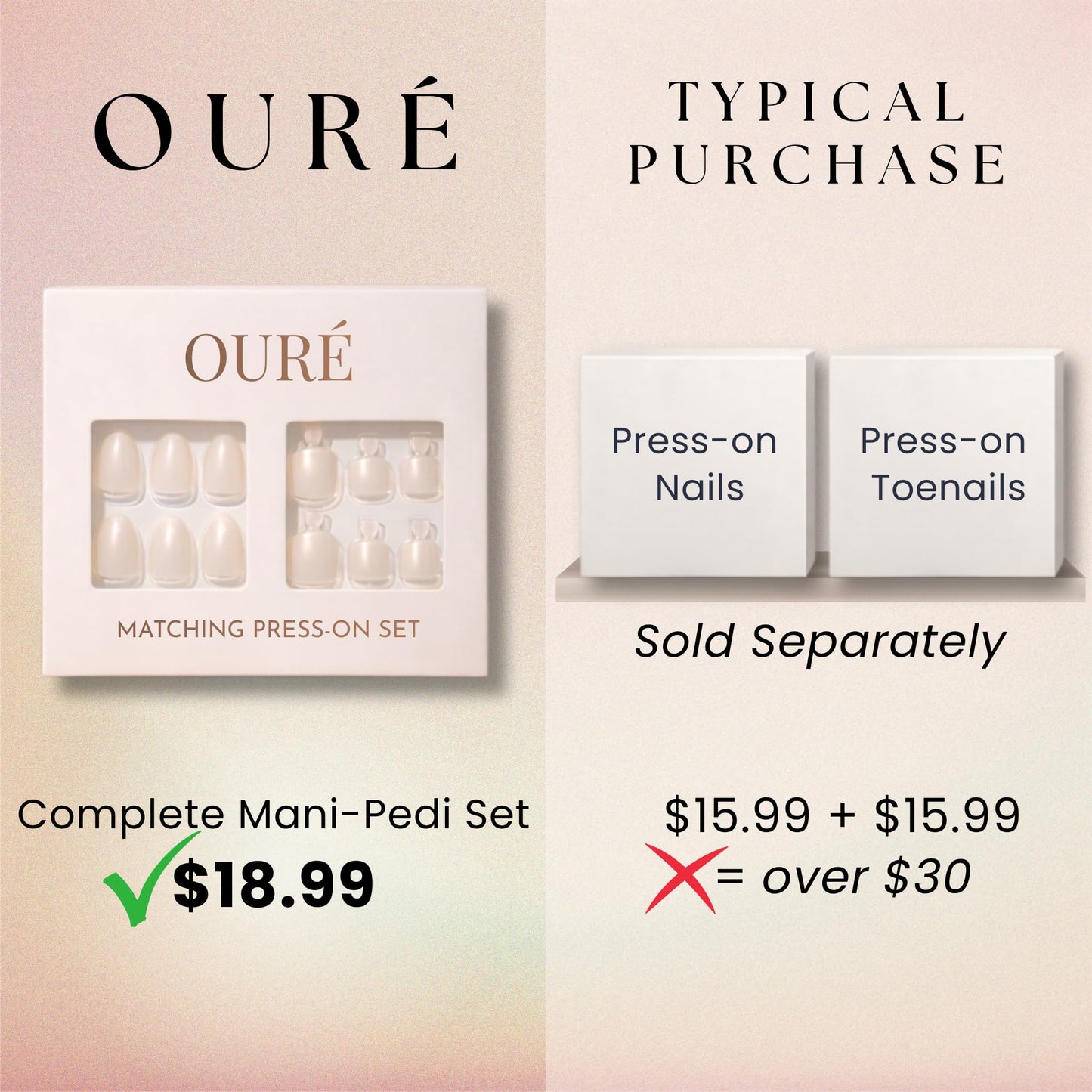 OURÉ Matching Press On Nails and Toenails Mani Pedi Set, Short Almond Soft Gel Nail Kit with Glue, 30 Press On Nails + 24 Press On Toenails, Reusable Fake Nails (Opal Veil – Soft Pearl White)