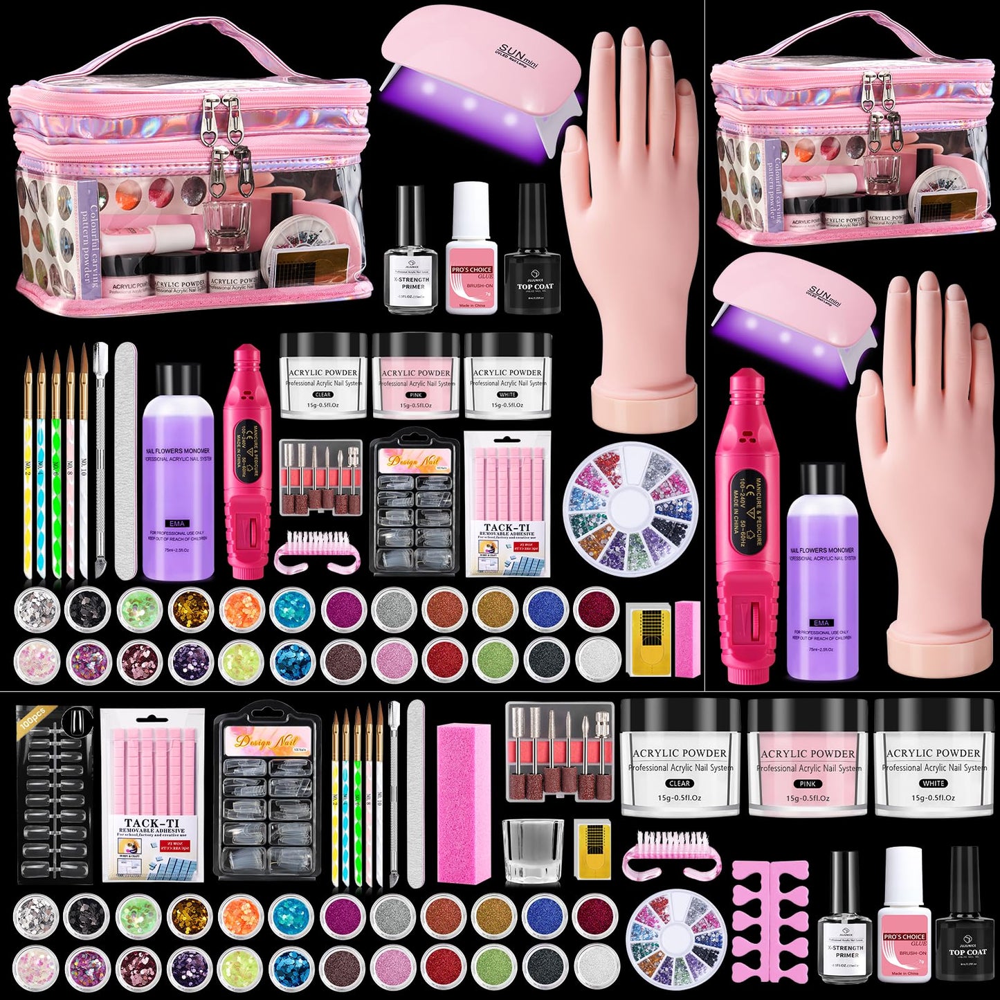 Nail Kit for Beginners with Everything: Practice Nail Hand Acrylic Set Professional Powder Liquid Starter Kits with Drill U/V Lamp in Cosmetic Gift Bag for Salon Home (Pink)