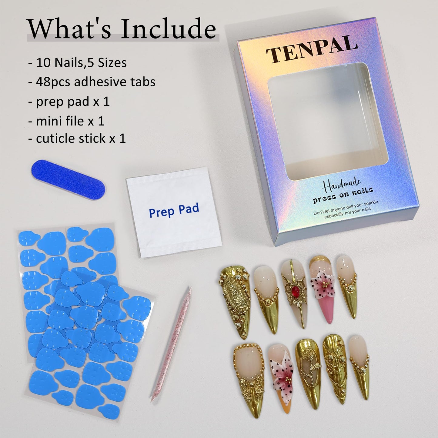TENPAL Antique Gold French Tips Press on Nails Long Stiletto,Baroque Style Fake Nails with 3D Charms Roses,Cherubs,Bows,Soft Gel Metallic Fake Nails Kit Tools 10pcs,Full Cover Vintage Luxe Nails(S)