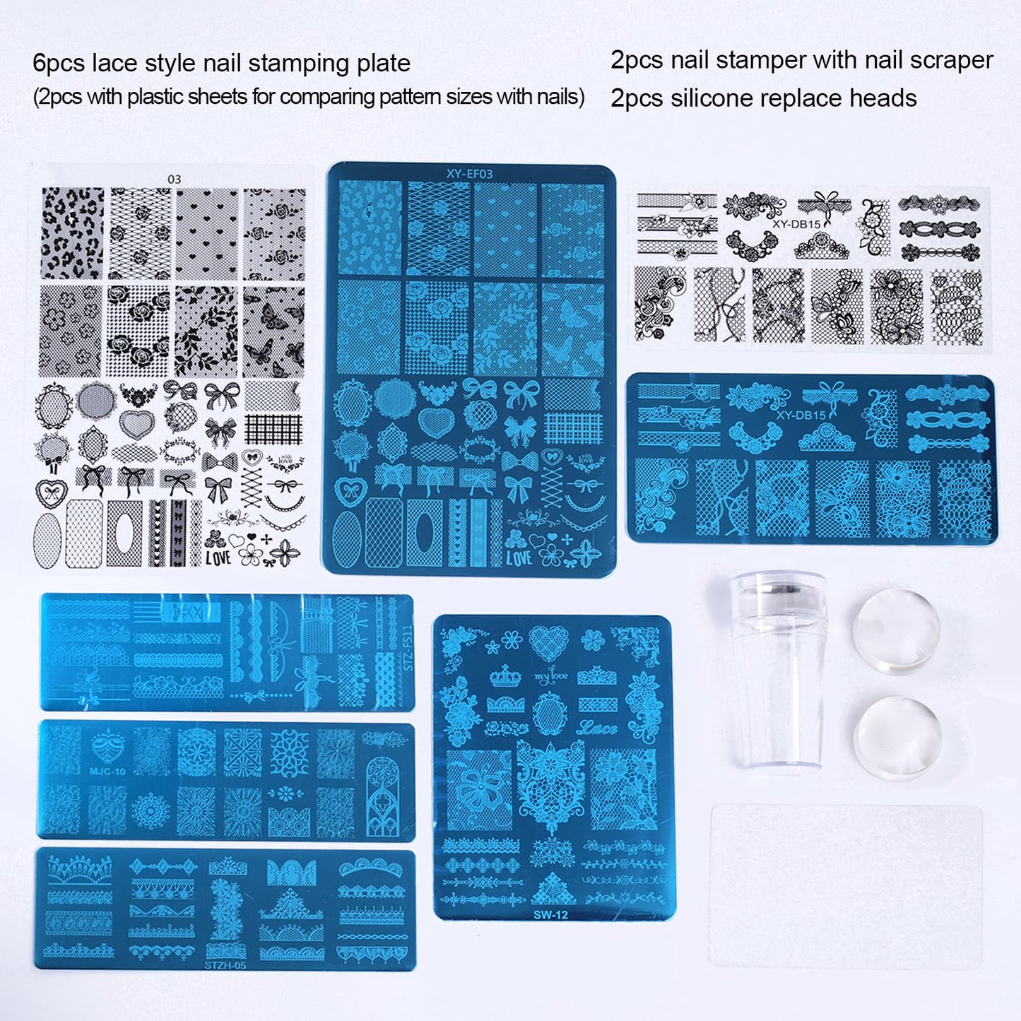6pcs Lace Flower Design Nail Stamping Plate Kit With French Tip Nail Stamper Kit Ribbon Bow Knot Nail Stencil Reusable Stainless Steel Manicure Tool Nail Supplies for Salon DIY
