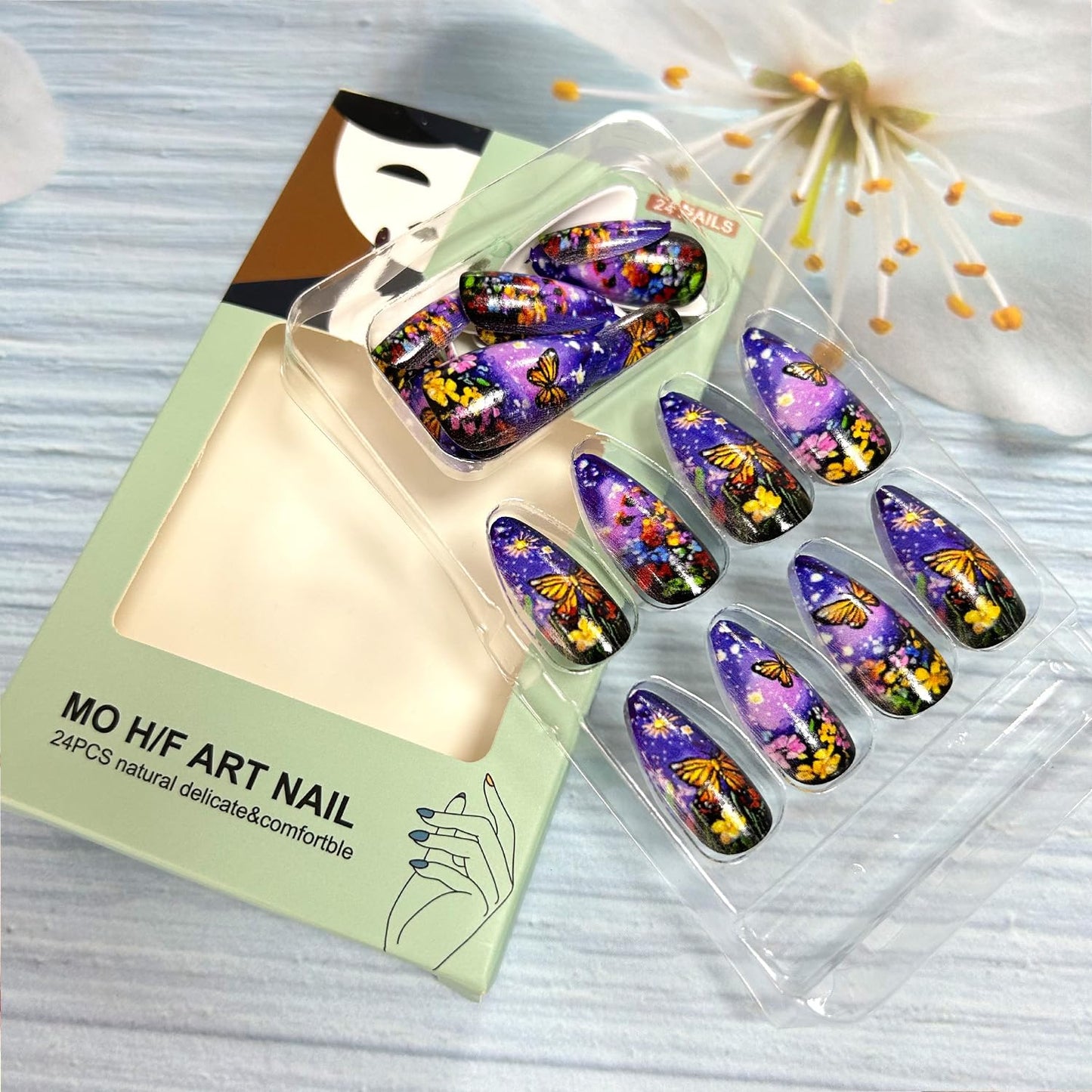 CJDLTS Purple Press on Nails Almond Medium Butterfly Colorful Flower Pattern Design Full Cover Glossy Acrylic Fake Nail Spring Blossom Stick on Nail 24Pcs DIY Press Ons Glue on Nails for Women