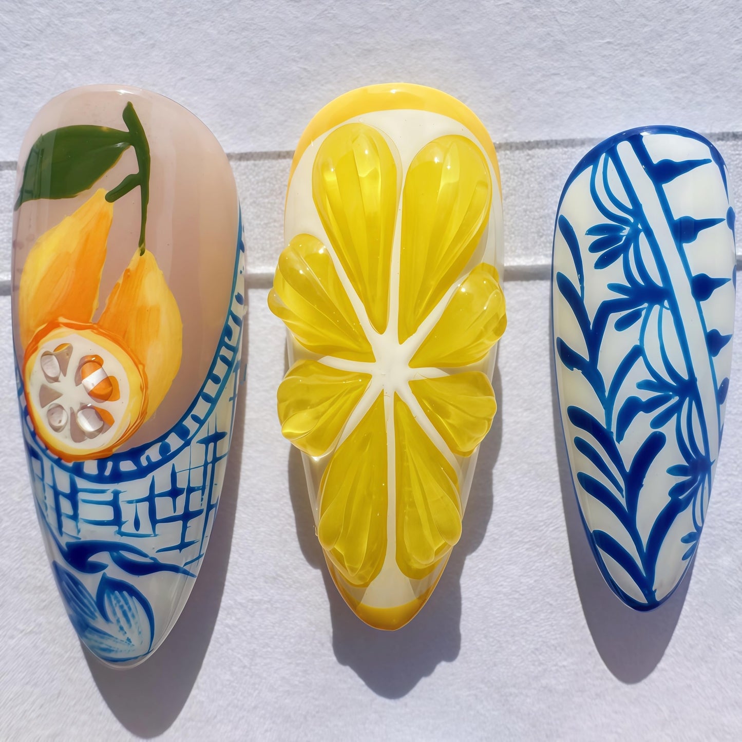 Handcrafted Press On Nails Italian Vacation Style Lemon & Blue Ceramic Pattern 100% Handmade Realistic Artistic Fake Nails With Adhesive Glue Tabs And Tool Gifts For Women (Hand-Painted Lemon,Long L)