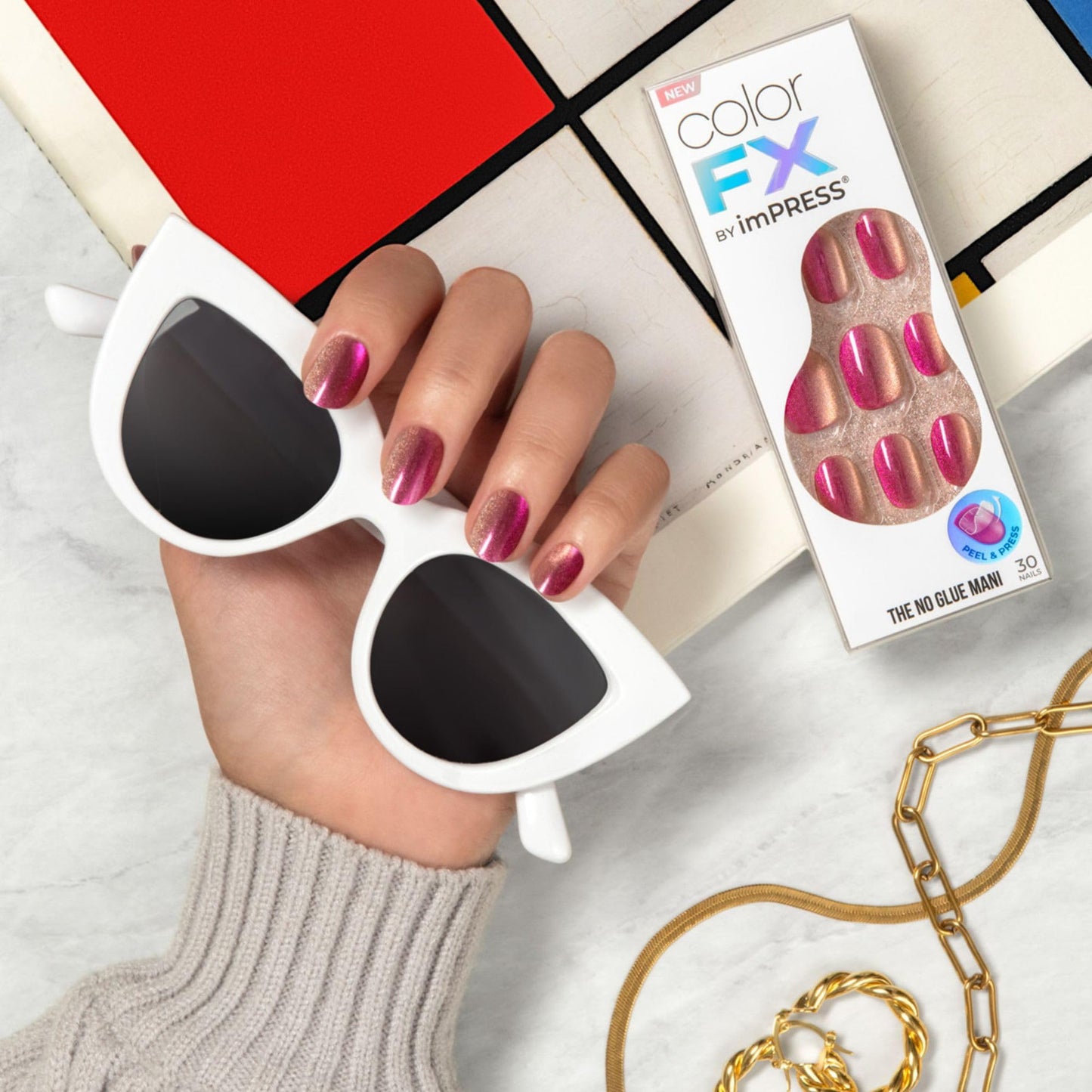 Kiss Impress No Glue Mani Press On Nails, ColorFX, 'Walk Out', Pink, Short Size, Oval Shape, Includes 30 Nails, Prep Pad, Instructions Sheet, 1 Manicure Stick, 1 Mini File