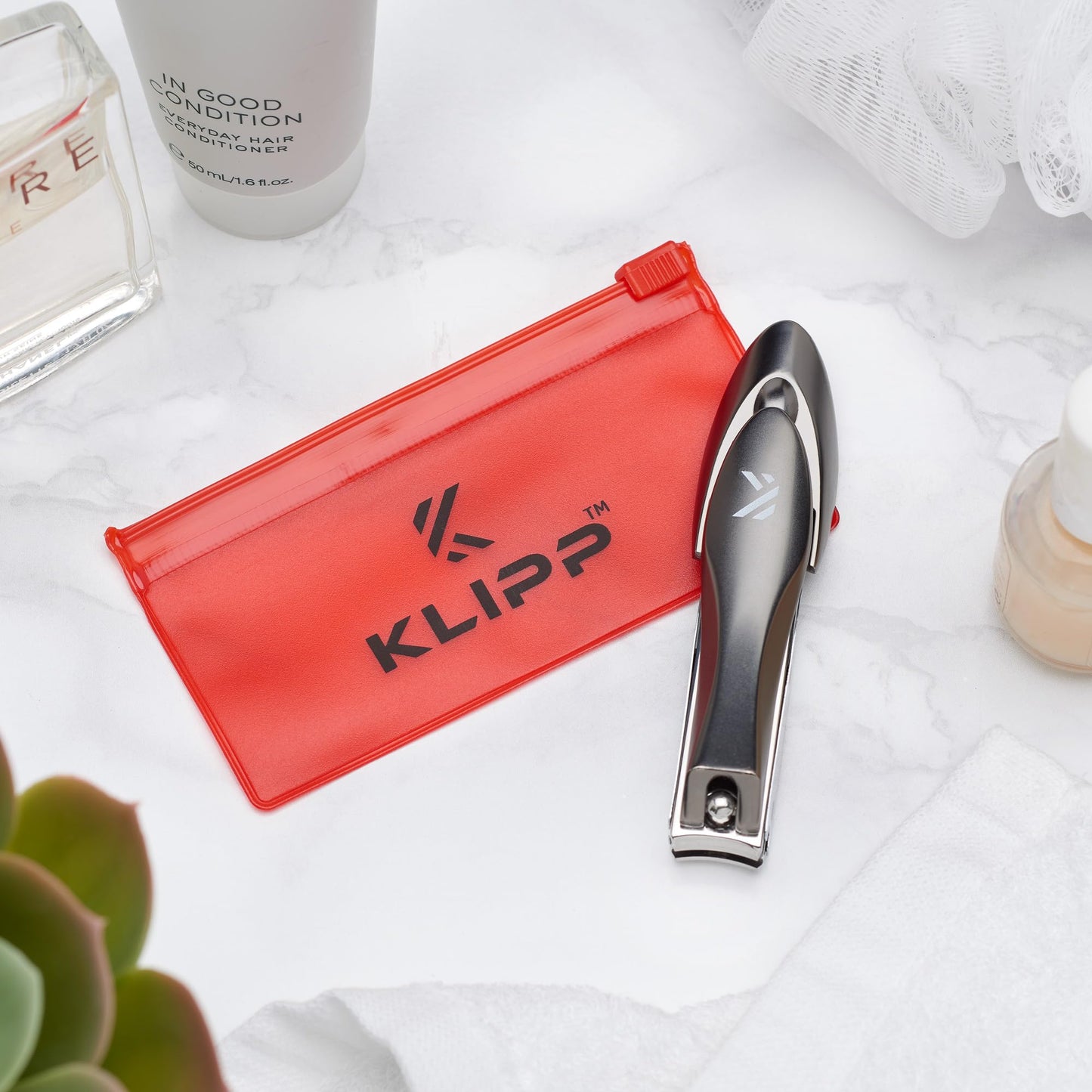 Nail Clippers with Catcher – KLIPP Heavy Duty Stainless Steel Fingernail and Toe Nail Cutter with Curved Surgical Blades and Built-in Nail File – Ergonomic Handle with Wide Jaws for Thick Nails