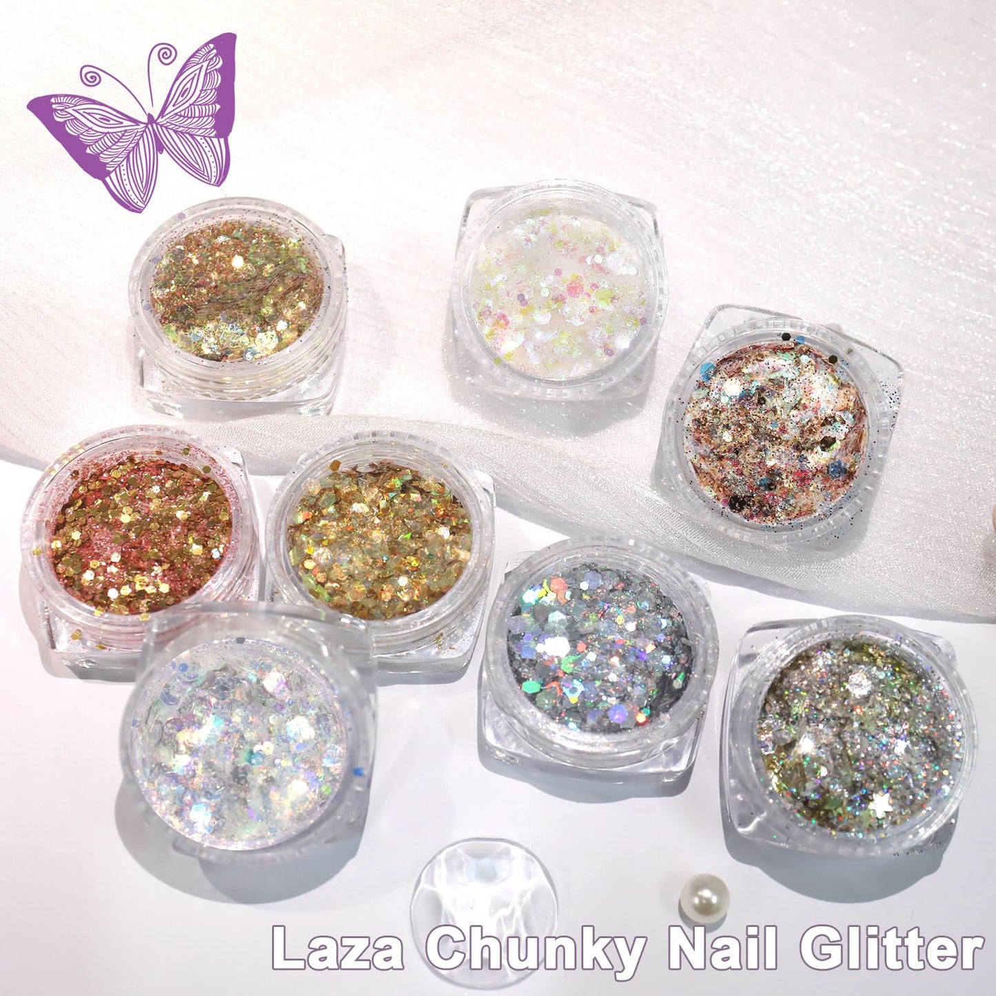 Laza 8 Colors Nail Art Glitter Diamond Dust Iridescent Nail Powder Chunky Glitter Confetti Foil Flakes Sequins for Nail Art Supplies, Gel Polish, Mermaid Makeup, Body, Resin — Dancing Sparkle