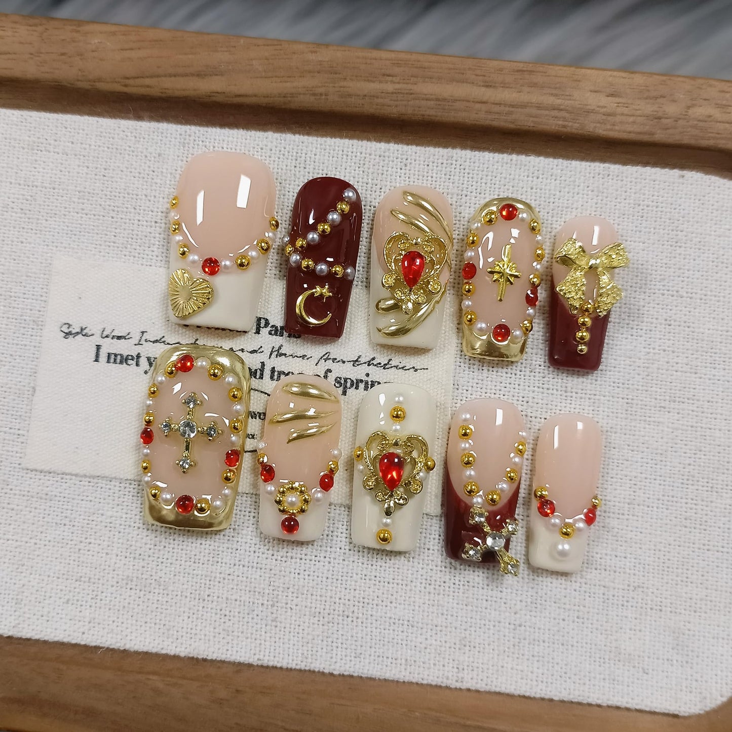 TENPAL Royal Baroque Style Handmade Press on Nails Medium Long- Wine Red & Gold French with 3D Cross Heart Pearl Designs | Regal Y2K Fake Nails with Tools for Women Girls(S)