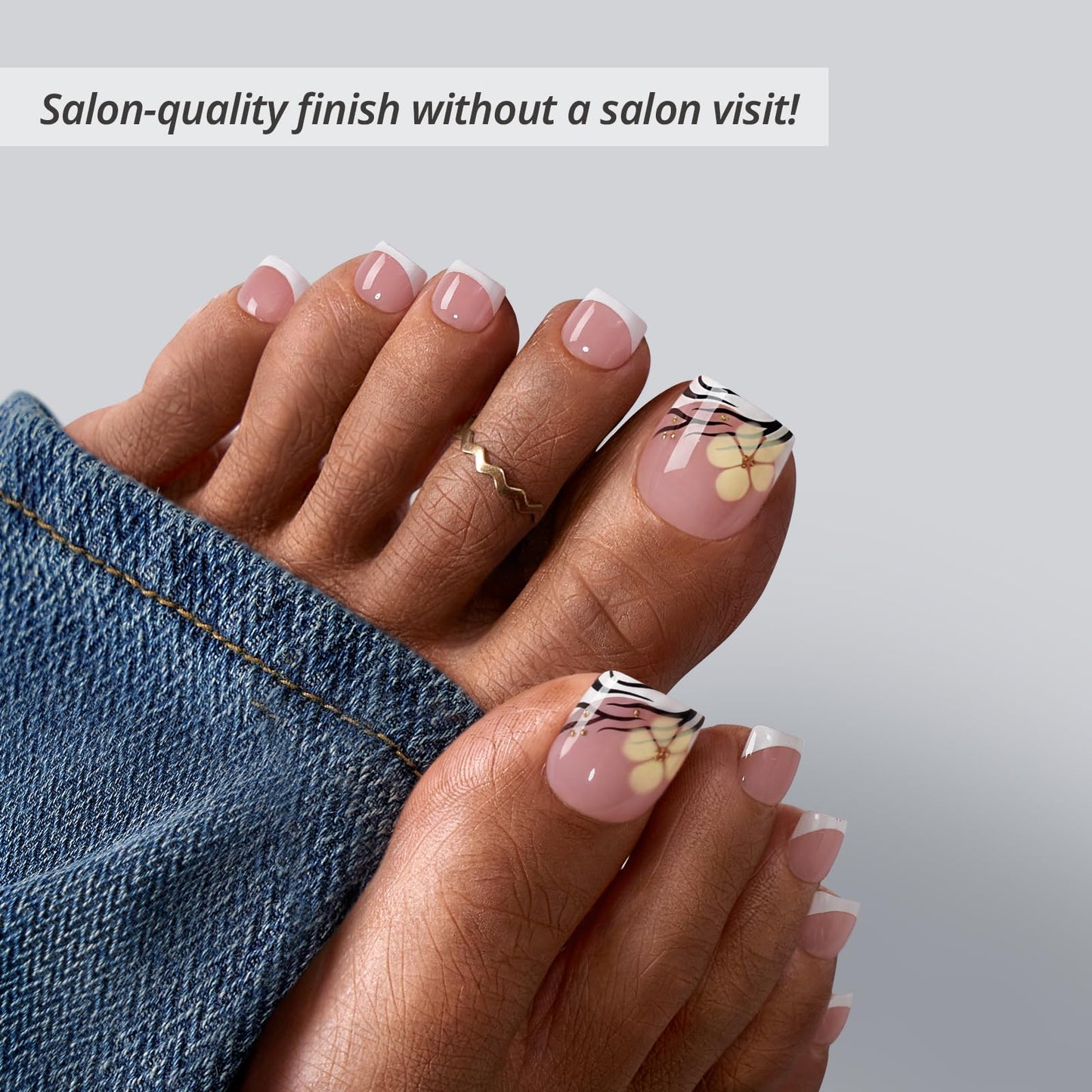 BTArtbox Press On Toenails Short - Isle Plumeria Pedi, Easy-to-Apply Flower French Tip Square Toe Nail Press Ons with Glue and Adhesive Tabs in 15 Sizes - 30 Toenails All-in-One Kit
