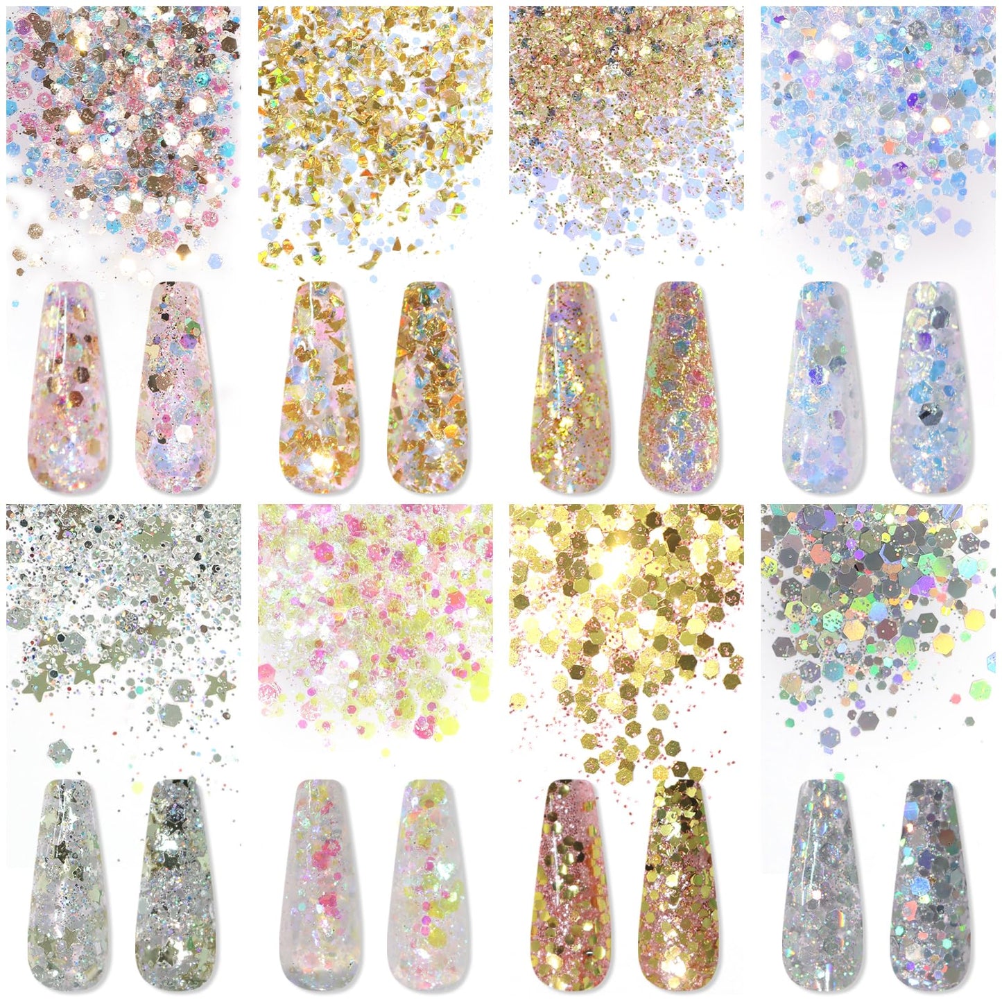 Laza 8 Colors Nail Art Glitter Diamond Dust Iridescent Nail Powder Chunky Glitter Confetti Foil Flakes Sequins for Nail Art Supplies, Gel Polish, Mermaid Makeup, Body, Resin — Dancing Sparkle