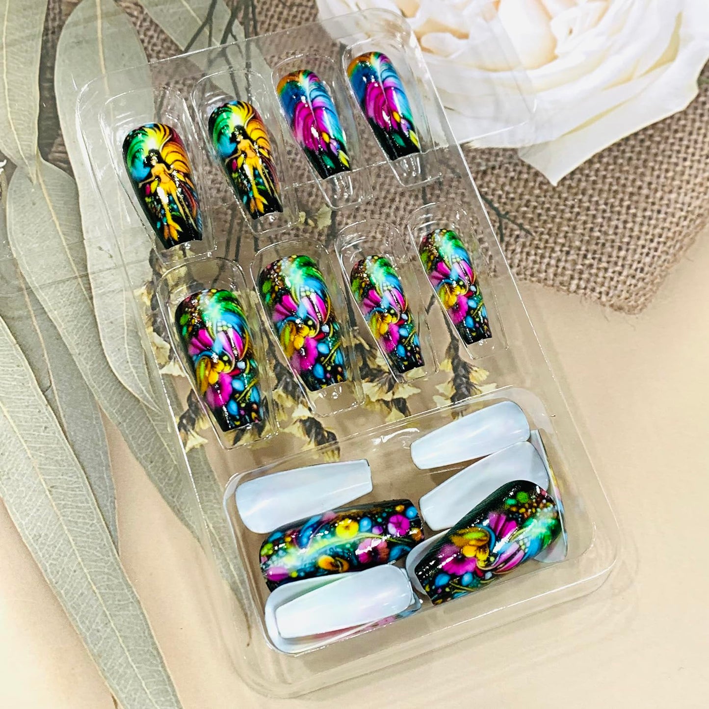 FIEONCIY Press on Nails Square Shaped Glossy Full Cover Acrylic Medium Length Square False Nails with Designs Artificial Short Coffin Fake Nails with Charms Glue ons Fingernails for Women Girls(Y443)