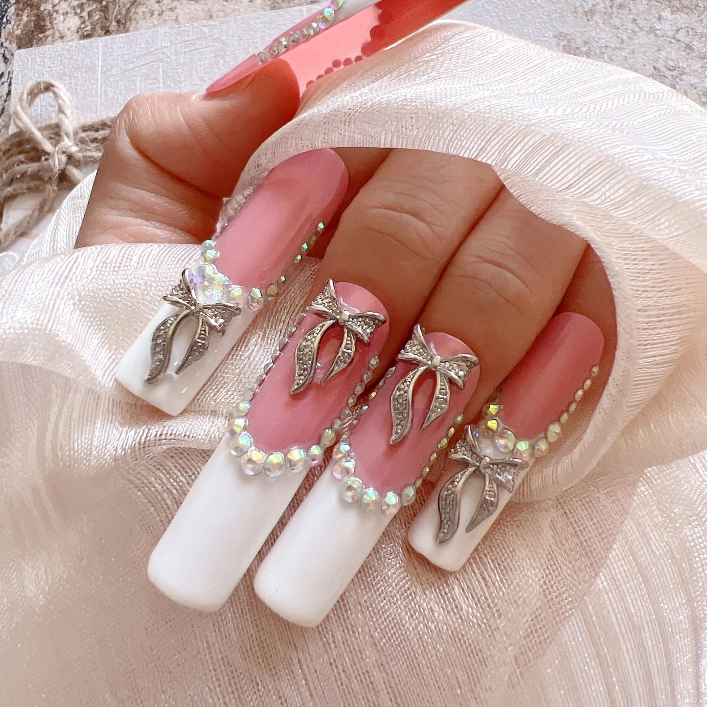 NAIL ANGEL 10PCS/SET Glamorous Handmade Press on nails Glitter Rhinestone with Metal 3D Bow Charms Long Coffin Nails Party Nails XXL Long Artifical Tips ZJ-08 (Multi-Color, ZJ-08-M)