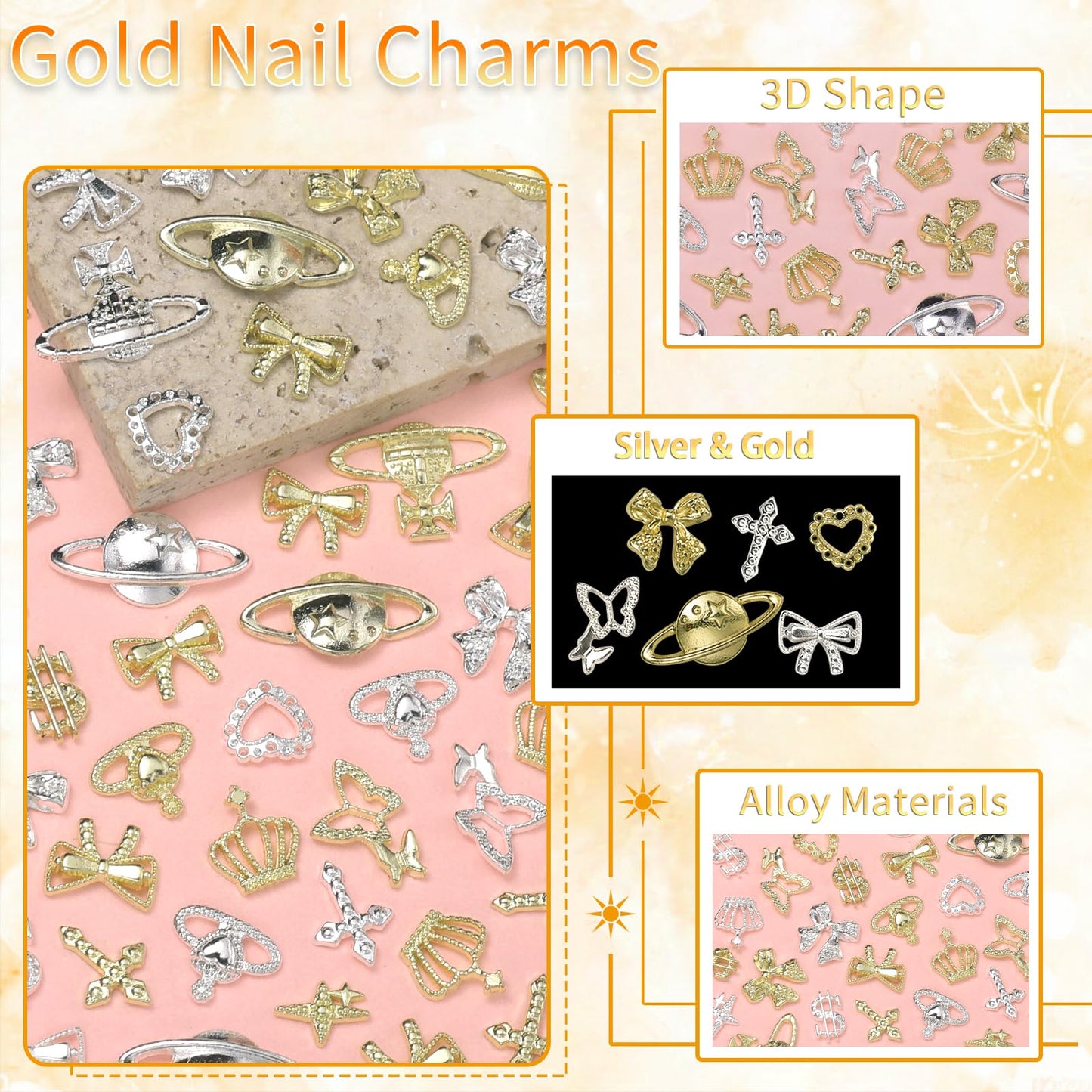 240 Pcs Alloy Gold Silver Nail Charms, Heart Star Butterfly Bow Moon Crown Cross Dollar Planet Nail Art Charms, 3D Y2K Metal Gold Silver Nails Charm and Gem for DIY Nails Design Craft