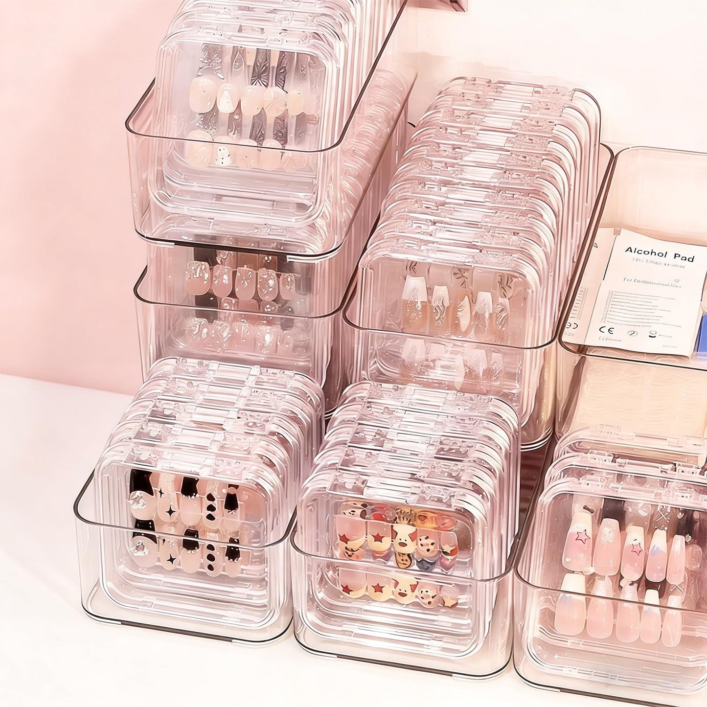 YOSMAKIY 30pcs Press On Nail Packaging Box，Press On Nail Storage Box Set With 60pcs Of Double-Sided Adhesive Tape，Suitable For Nail Storage And Nail Art Display (Clear)