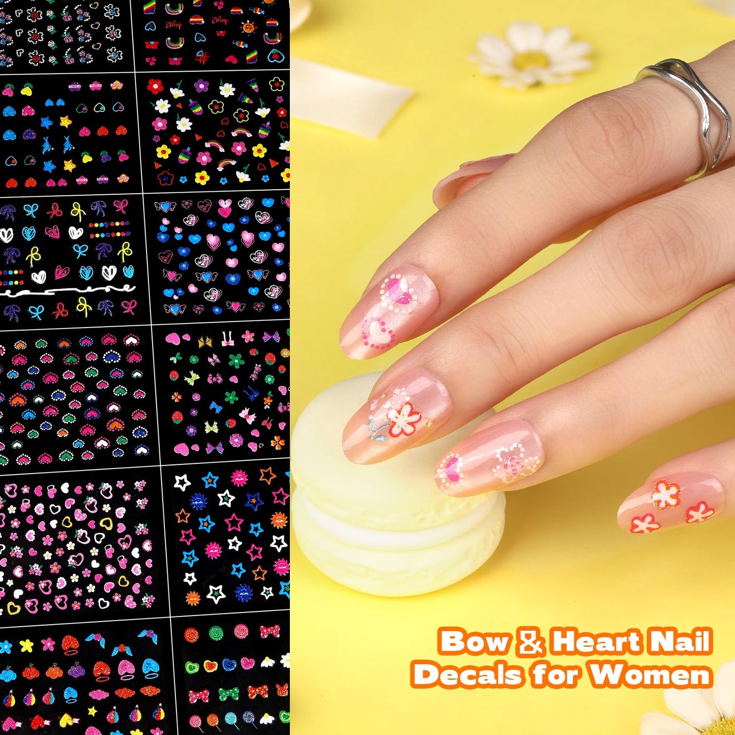 Teenitor 50 Sheets Nail Stickers for Kids, 3D Cute Girls Nail Art Stickers, Heart Flower Butterfly Bow Nail Decals for Nail Art, Fingernail Stickers for Women, Self Adhesive Nail Decorations in Summer