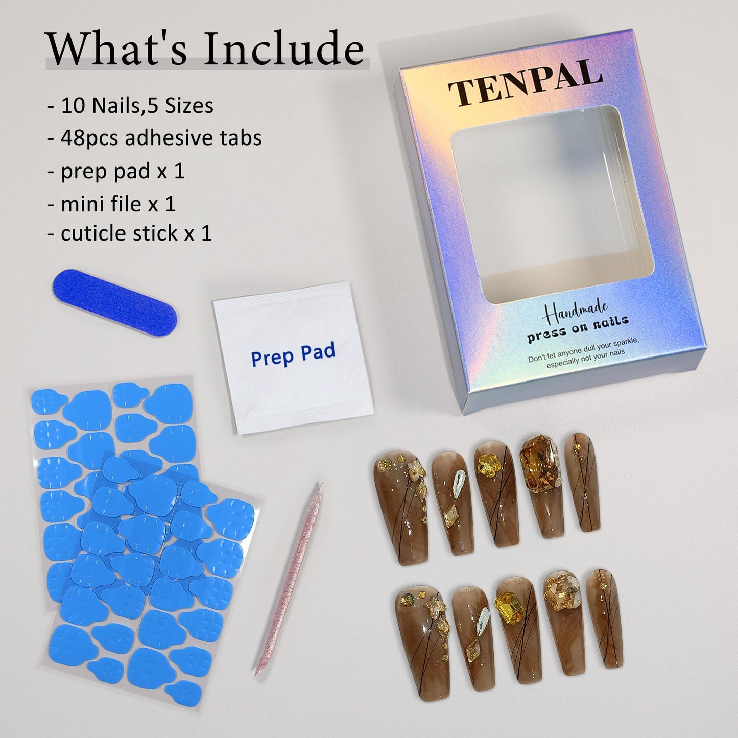 TENPAL 10PCS Long Coffin Press on Nails with Tools Kit - Autumn Woodland Hand-Painted Design Fake Nails | Rustic Brown Gold Leaf & Crystal Glue on Nails | Long Fall Nails for Sweater Weather(XS)