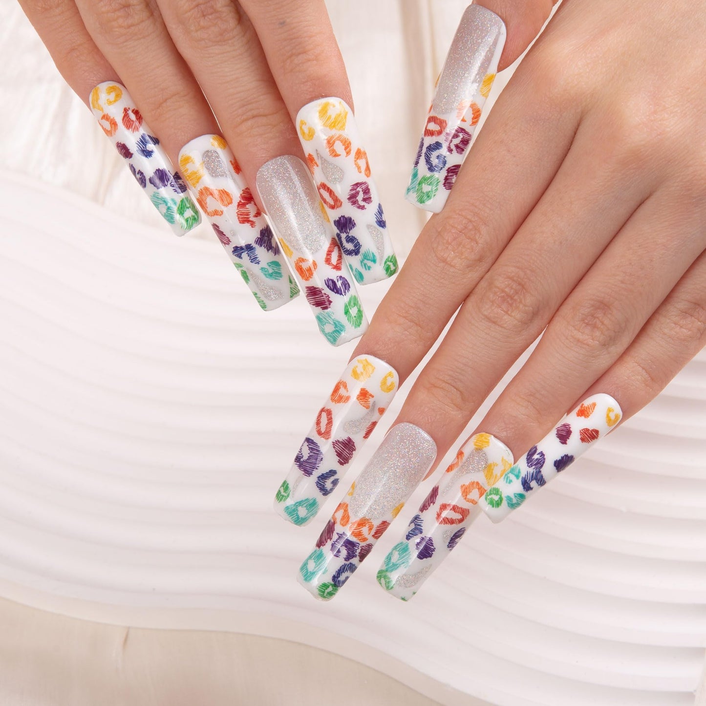 LOVFUL Press on Nails Rainbow Leopard| Handmade with Full Covered Crystals| Reusable Fake Nails| Square Mid length 1.7in| H242-L