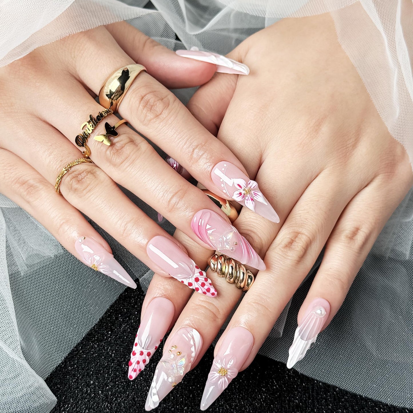 Petal Whisper 10PCS Long Pink Floral Gradient Press On Nails, 3D Flower Pearl Gold Accent Elegant Wedding Fake Nails for Women, Soft Glam Korean Style Acrylic UV Gel Press-On Nails Set (Pink, XS)