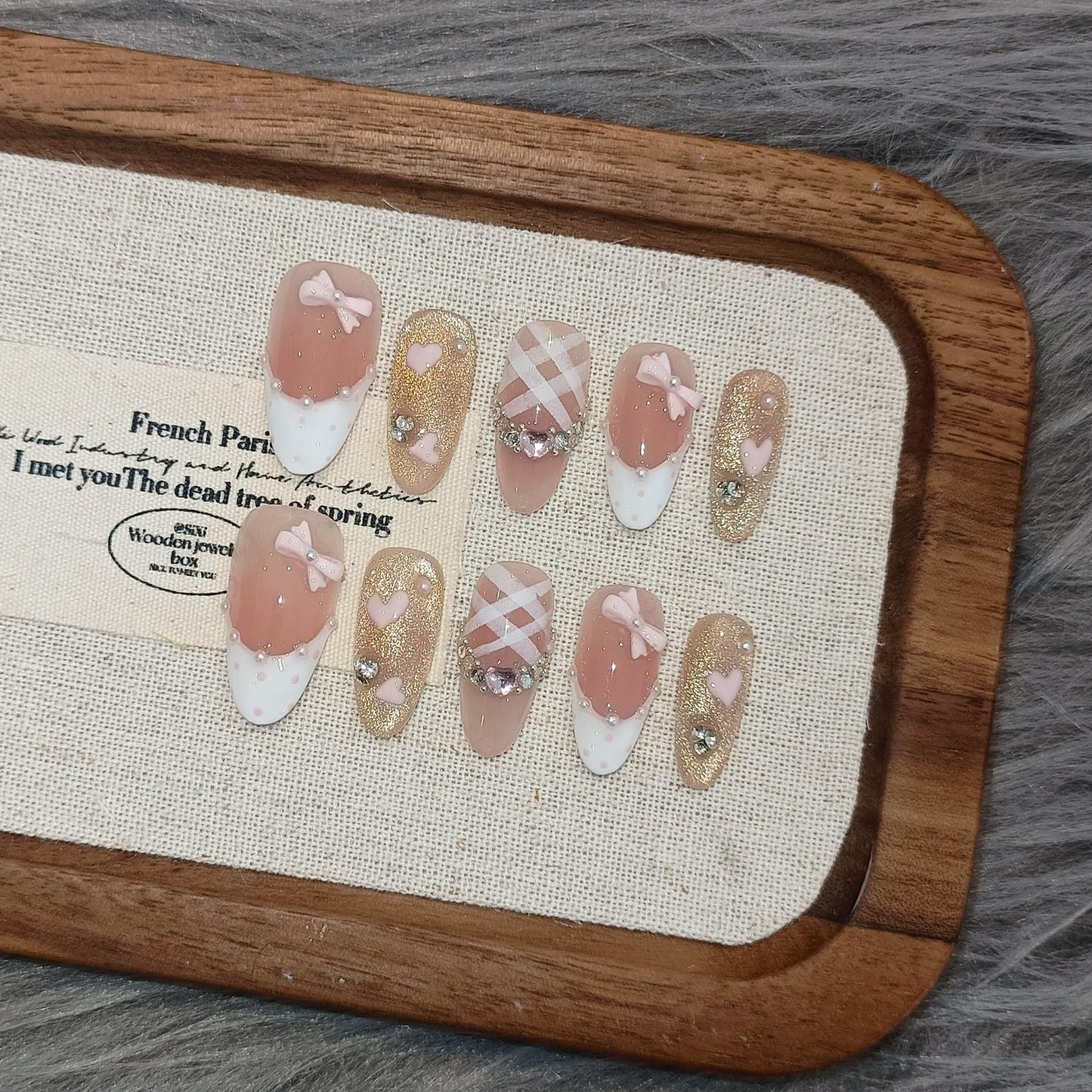TENPAL Reusable Almond Press on Nails Medium,Pink Cat Eye Glitter Fake Nails with Polka French Tips,Hand-Painted Hearts & 3D Bow Rhinestones False Nails,Princess K-Beauty Nails Full Manicure Kit(XS)