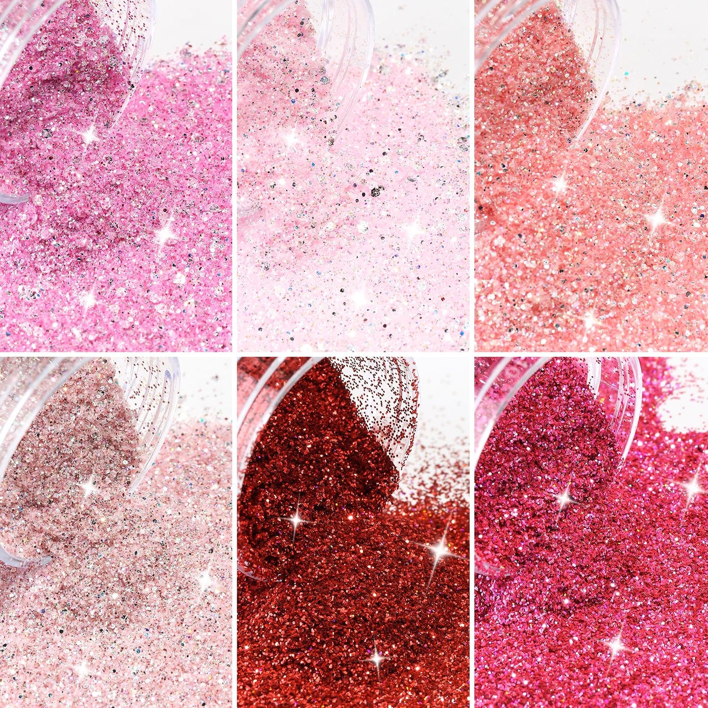 Furtherpretty Pink Glitter for Nails Set, 6 Colors Rose Red Pink Sugar Nail Powders, Holographic Fine Glitter Dust for Valentine’s Day Nail Art Design, DIY Manicure Salon Supplies with Brush(#1 Sugar)
