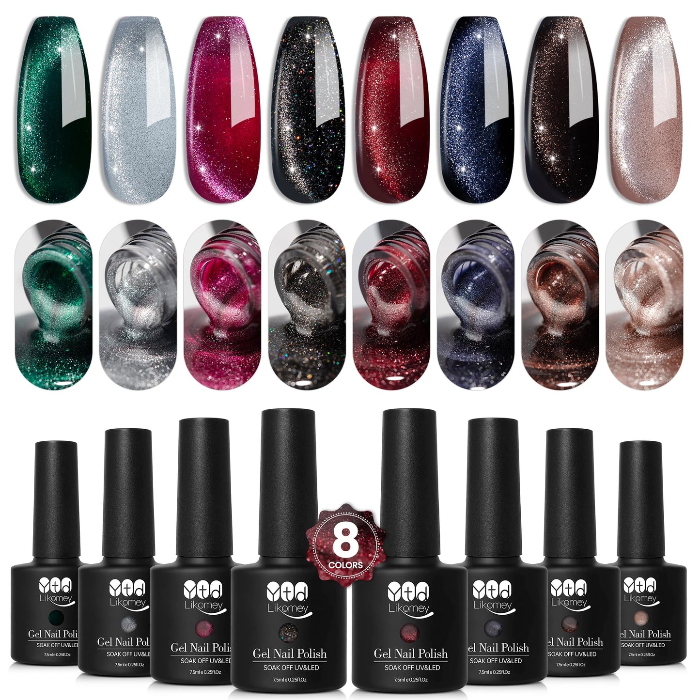 YTD Likomey Cat Eye Gel Nail Polish Set,Summer 8 Colors Crystal Magnetic Glitter with Magnet Stick Kit,Silver Green Blue Black Champagne Gold Brown Plum UV Color Varnish,0.25 Fl Oz 7.5 ml