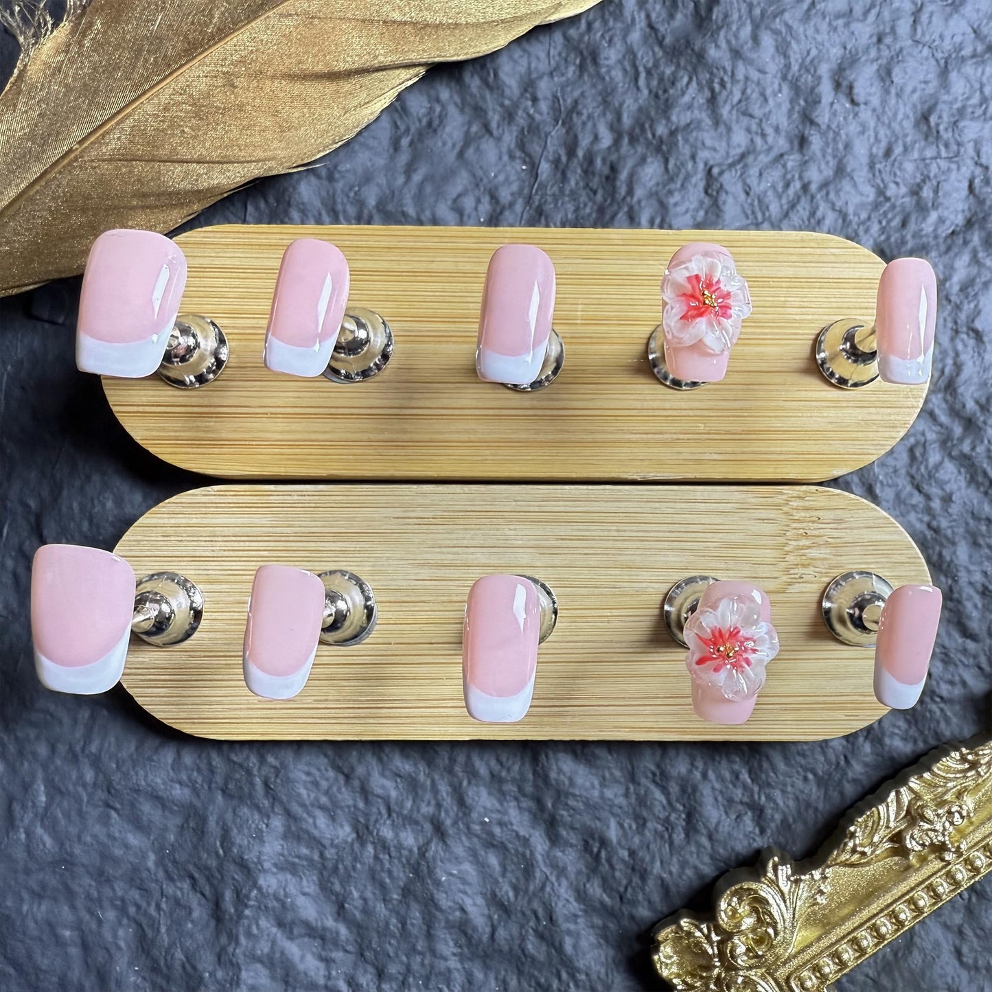 Handmade Press On Nails Square short m Soft Blossom French Handmade Nails 3d Floral Reusable Wedding Prom And Festival Gift Photograph Handmade Acrylic Press On Nails (Medium)