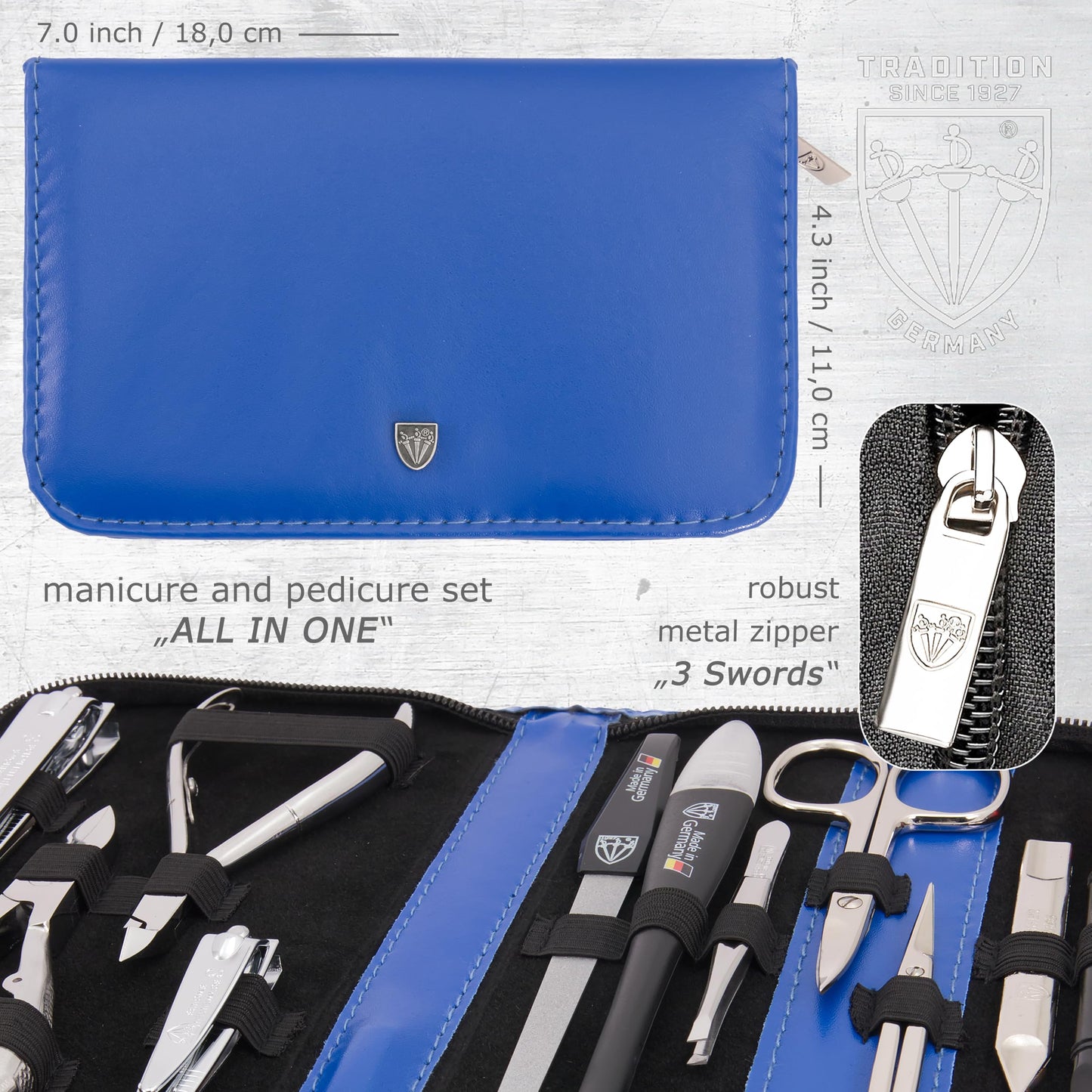 3 Swords Germany - brand quality 11 piece manicure pedicure grooming kit set for professional finger & toe nail care scissors clipper fashion leather case in gift box, Made by 3 Swords