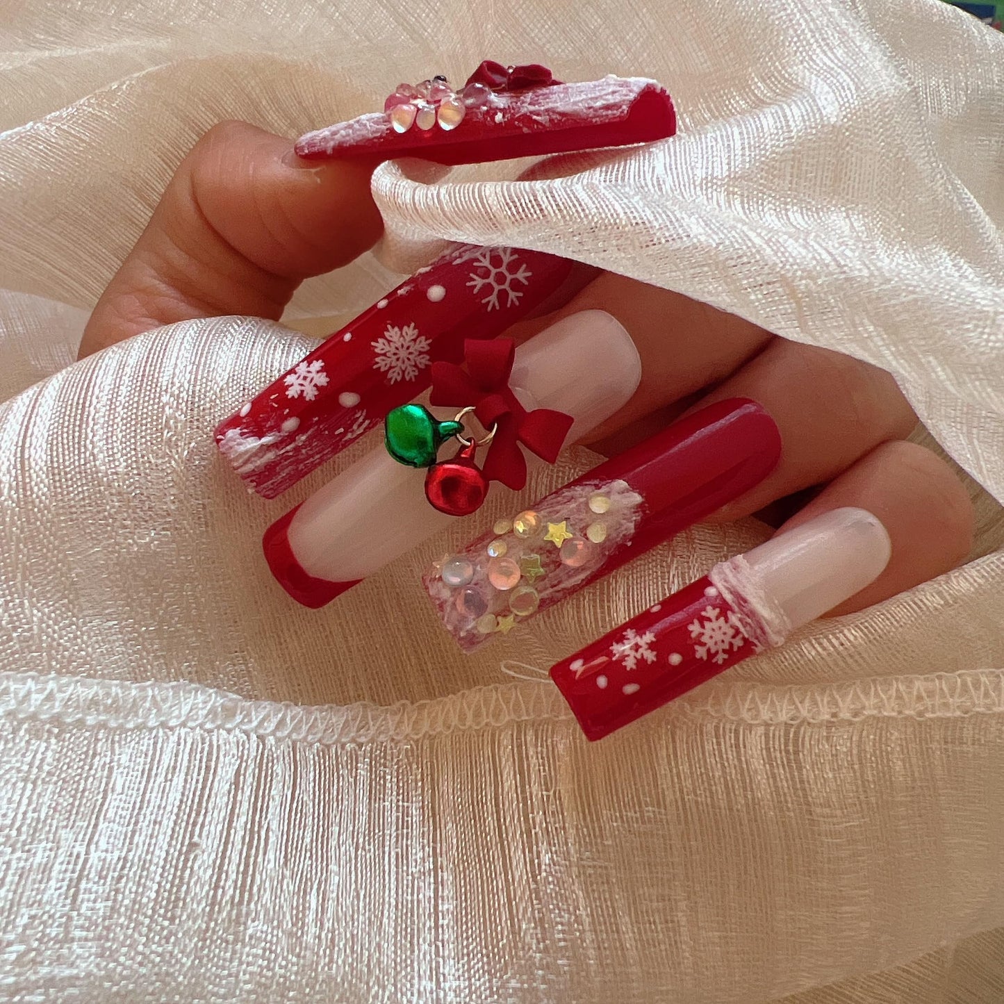 NAIL ANGEL 10PCS/SET Glamorous Handmade Press On Nails Christmas Xmas Holiday Snowman Bell Snowflake French Style Long Coffin Nails Party Nails XXL Long Artifical Tips ZJ-13 (ZJ13, S)